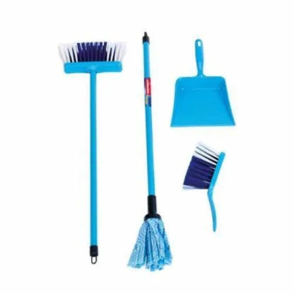 Vileda Wischmopp Vileda 6796 Kinder-Putzset Wischmoppset blau, 4 St., (Set), Mit integrierter Besenhalterung und Aufhängeöse
