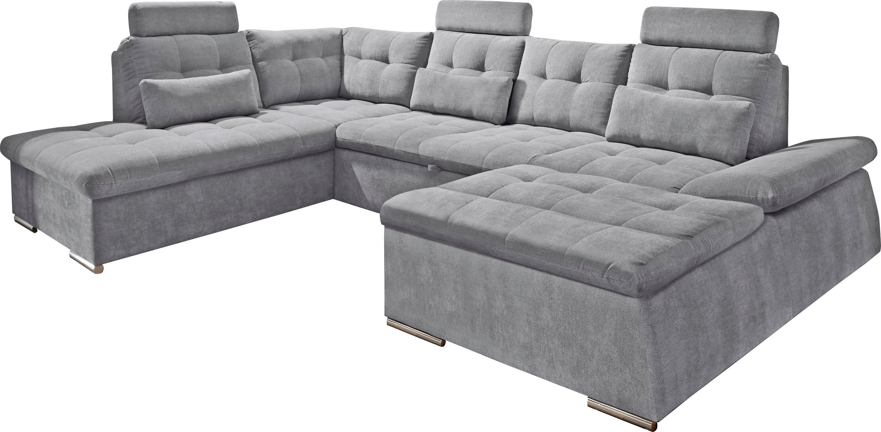 ED EXCITING DESIGN Wohnlandschaft Nalo U-Form mit Bettfunktion, Bettkasten, Armteilverstellung, Kopfstützen & 3 Nierenkissen