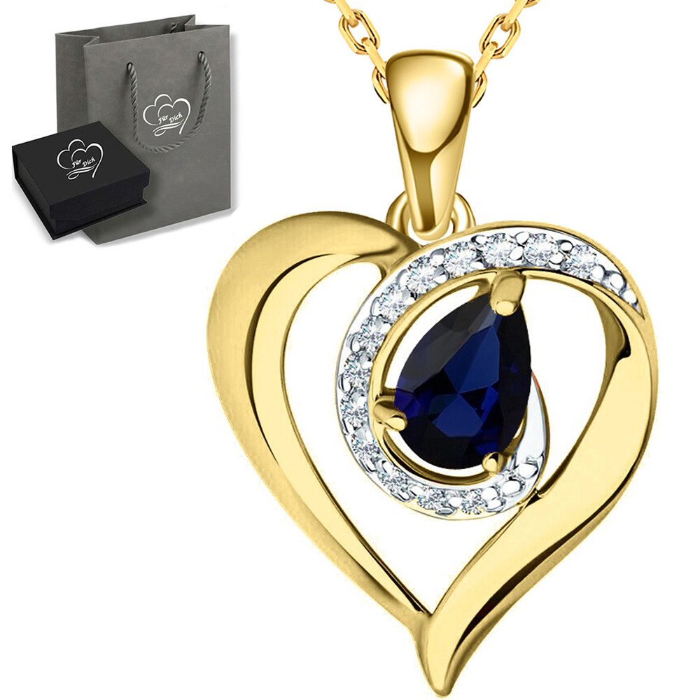 Limana Herzkette blauer echter Saphir Kette Damen Halskette gold 925 Silber vergoldet (mit Tasche u. Dose Edelstein Kette Herz Anhänger Weihnachtsgeschenk), Schmuck Liebesgeschenk Liebe Geschenk für Frauen Damen Freundin Mutter