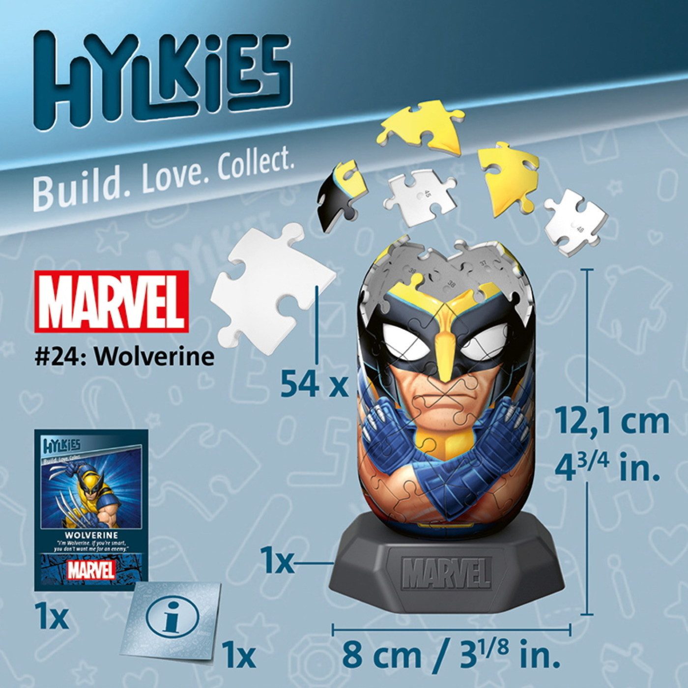 Ravensburger Puzzle 54 Tl. 3D Puzzle Hylkies Marvel Heroes Wolverine Sammelfigur 12008011, Puzzleteile