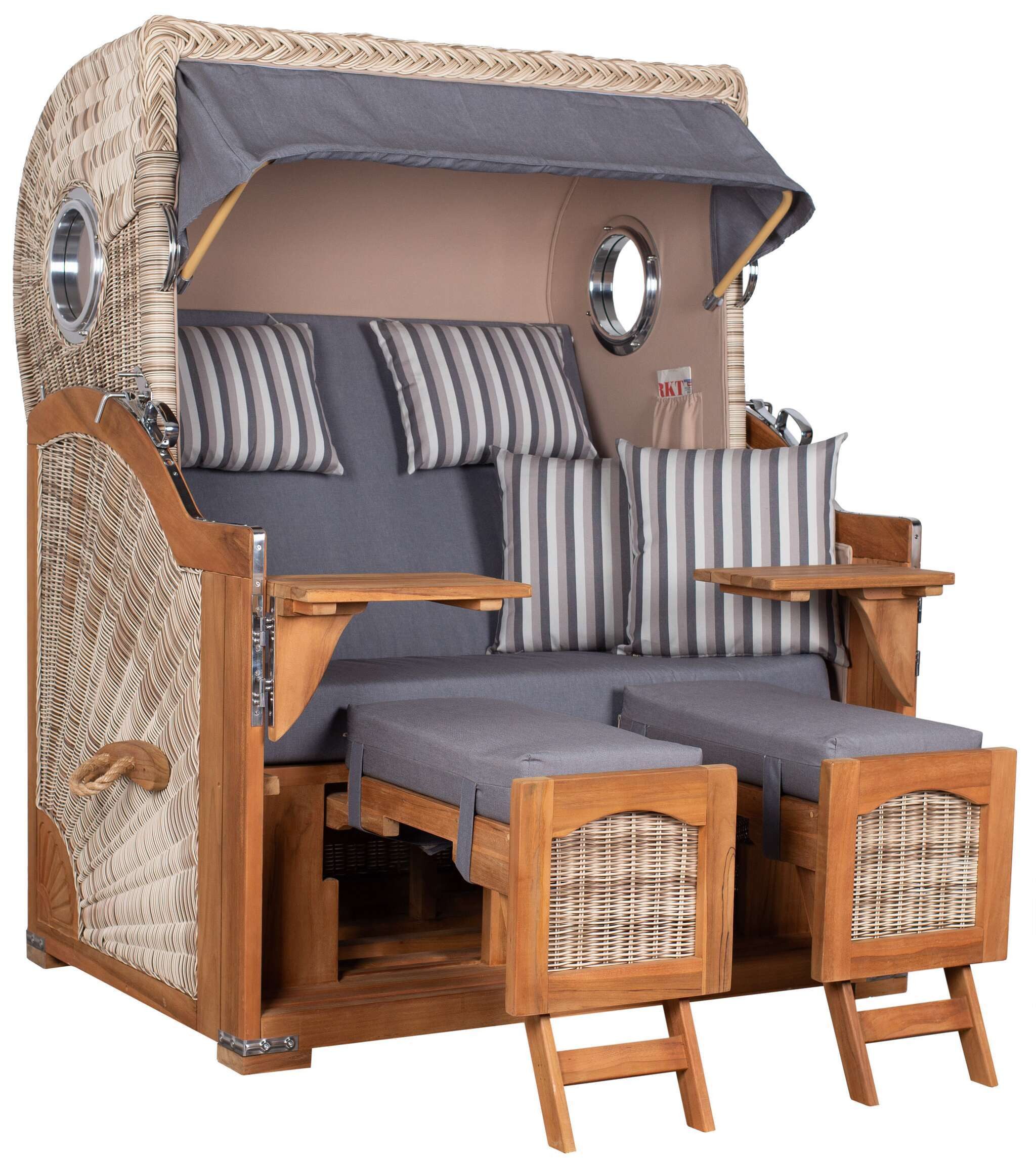MR.DEKO Strandkorb 2-Sitzer Düne Teak PE Shell Bullauge 125x80x170cm, BxTxH: 125x80x170 cm, Volllieger, Düne, (Fertig montierter Strandkorb für Garten, Terrasse & Balkon), Wetterfester Volllieger mit Edelstahlbeschlägen & waschbaren Polstern