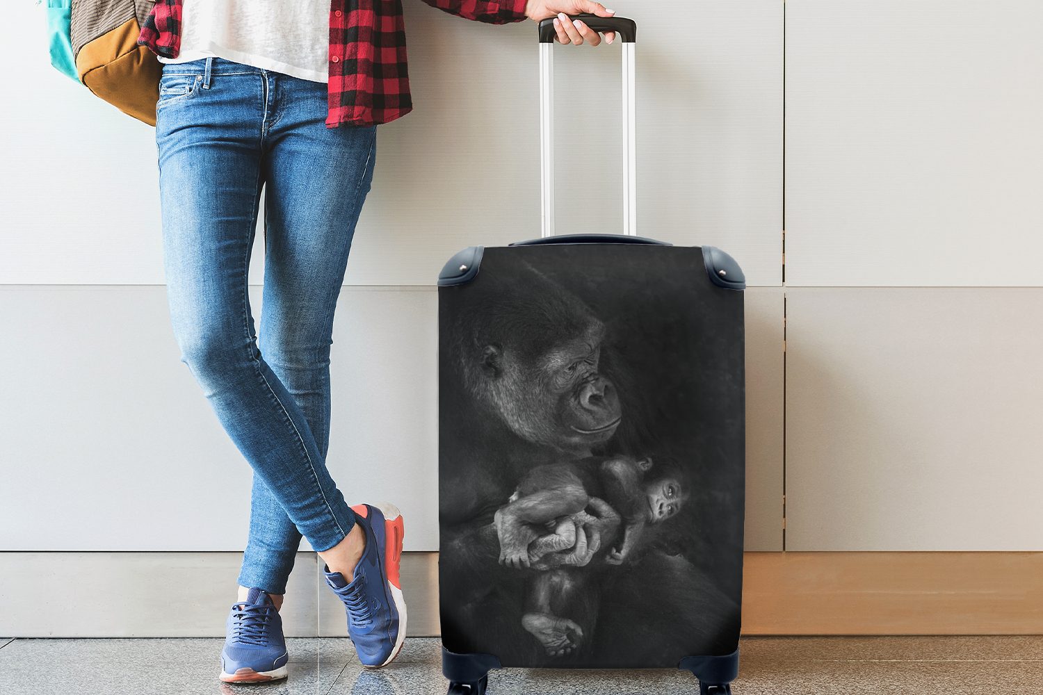 mit und 4 den Reisekoffer Gorilla, Handgepäckkoffer Händen für der ein Handgepäck MuchoWow Affenbaby Ein Trolley, Schwarz Rollen, hält, Ferien, rollen, in in Weiß, Reisetasche