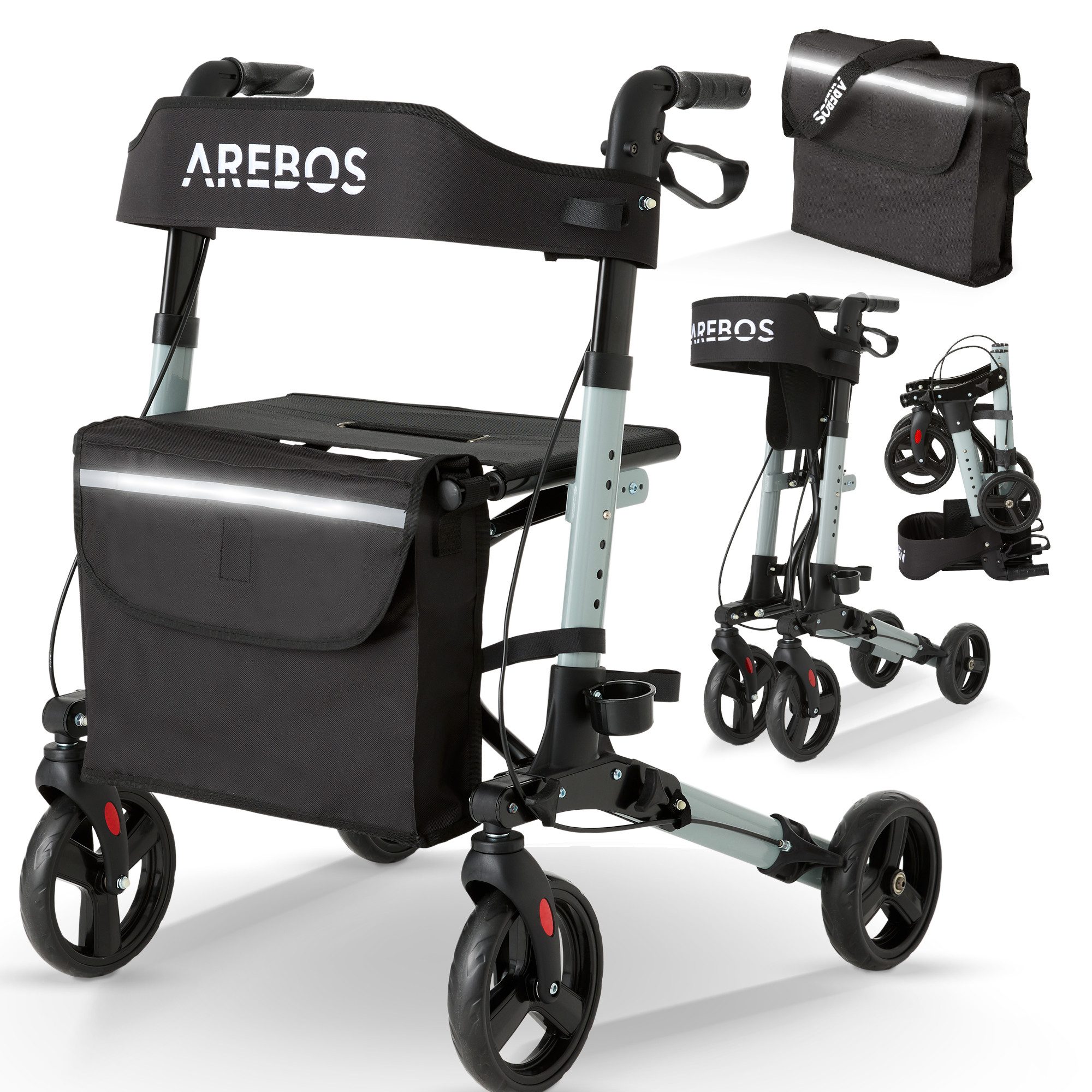 Arebos Rollator Aluminium faltbar 6-fach höhenverstellbar mit Tasche belastbar 136 kg, Ergonomische Griffe – komfortabel für lange Nutzung ohne Ermüdung