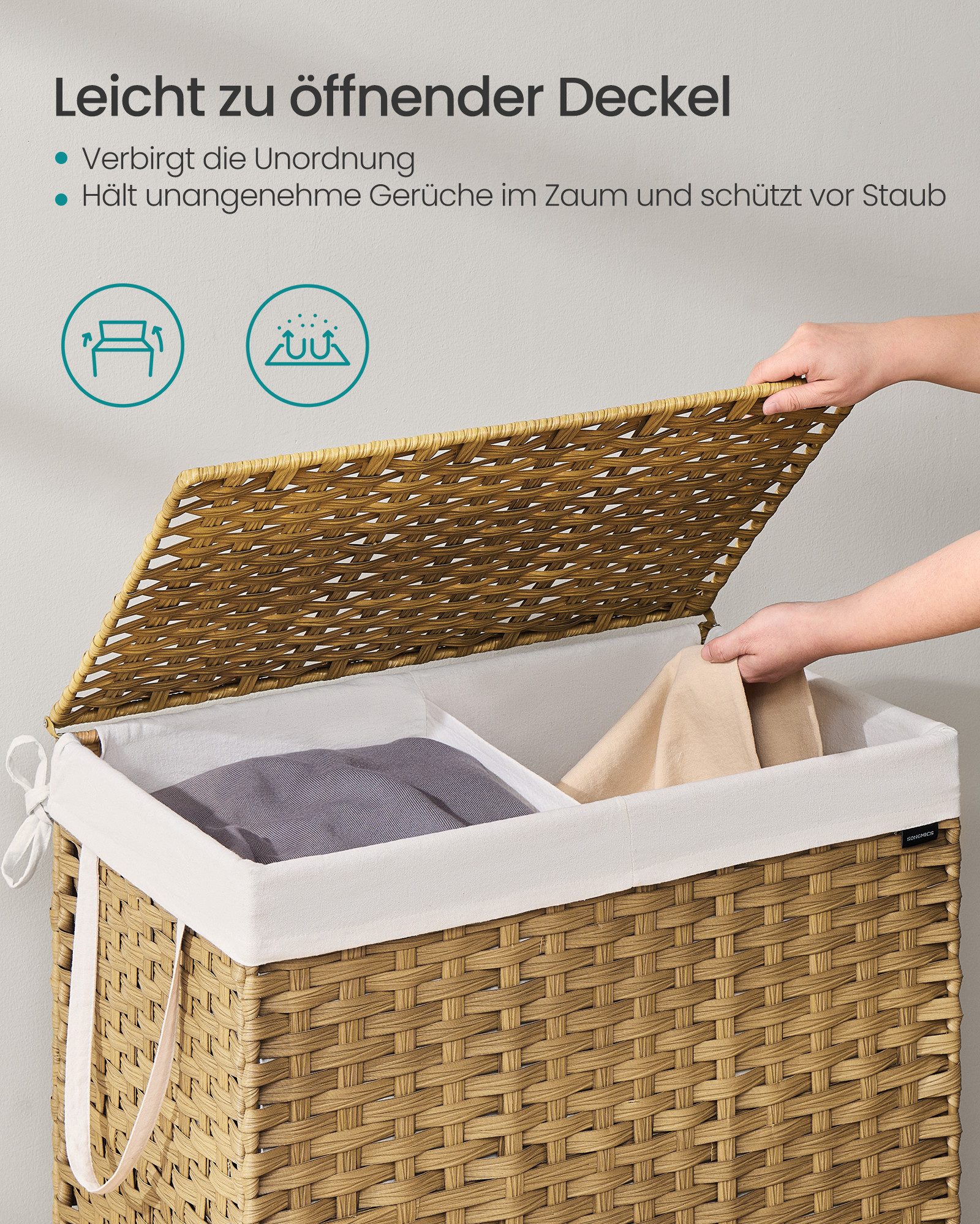 SONGMICS Wäschekorb Wäschebox aus synthetischem Rattan, herausnehmbarer Wäschesack, 2 Fächern, Wäschesammler 160 L, mit Deckel und Griffen, 66x40x61 cm