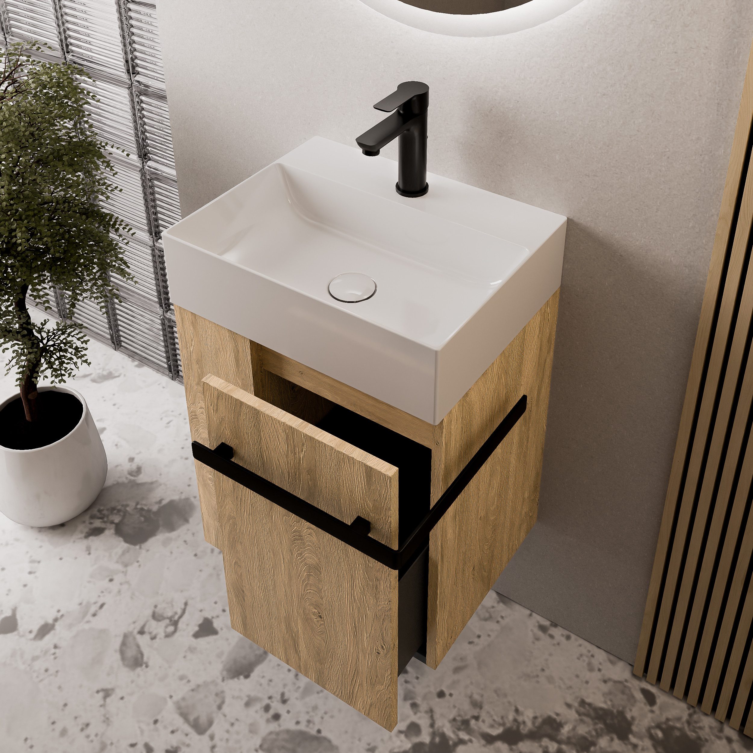 Bernstein Waschbeckenunterschrank COMPACT 450 Eiche honiggold REGAL links GRIFF Schwarz matt Waschtischunterschrank mit Waschbecken 1 Schublade & Regal