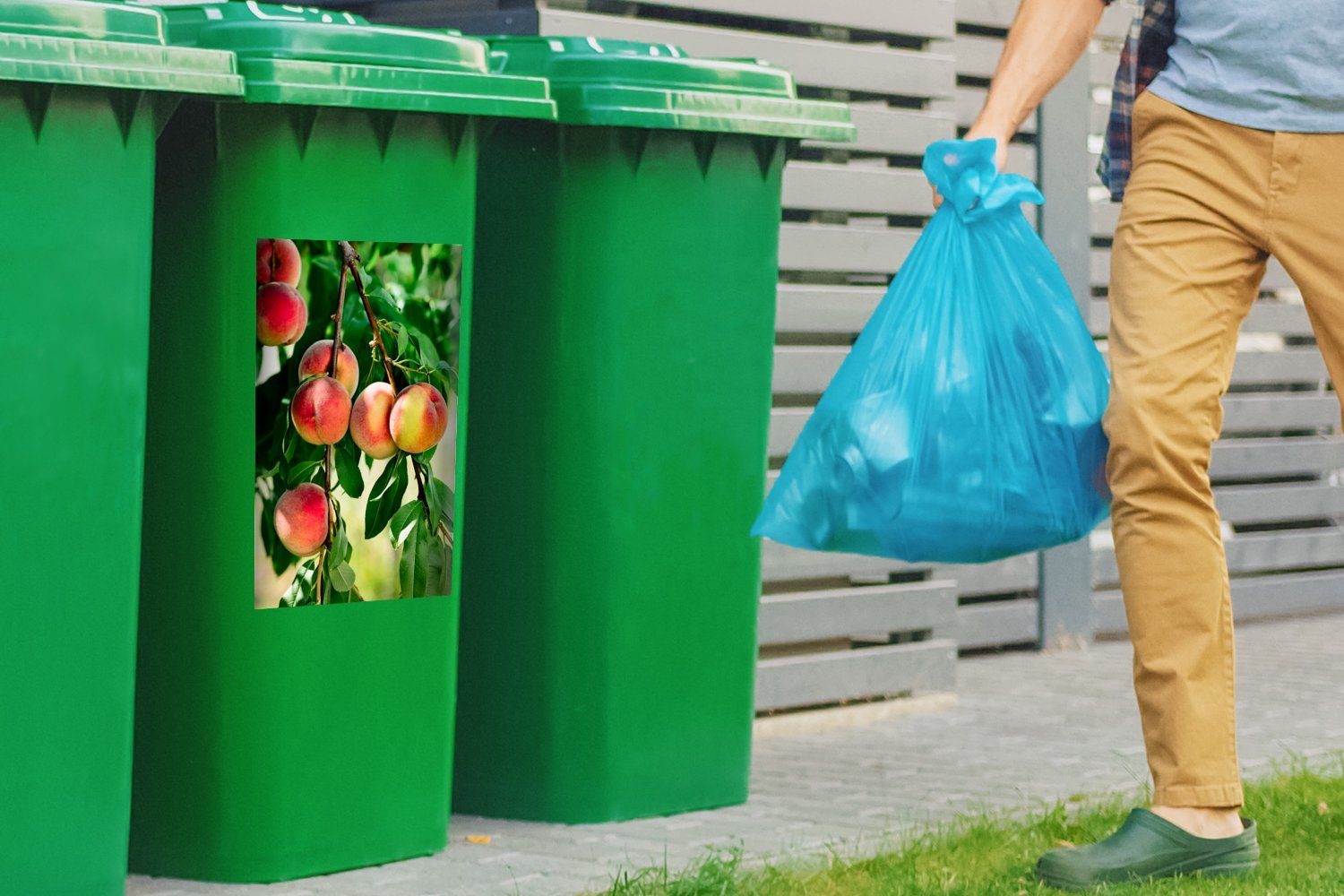 MuchoWow Wandsticker Obstbäume - Container, - Mülltonne, (1 Pfirsich St), Abfalbehälter Frühling Sticker, Mülleimer-aufkleber