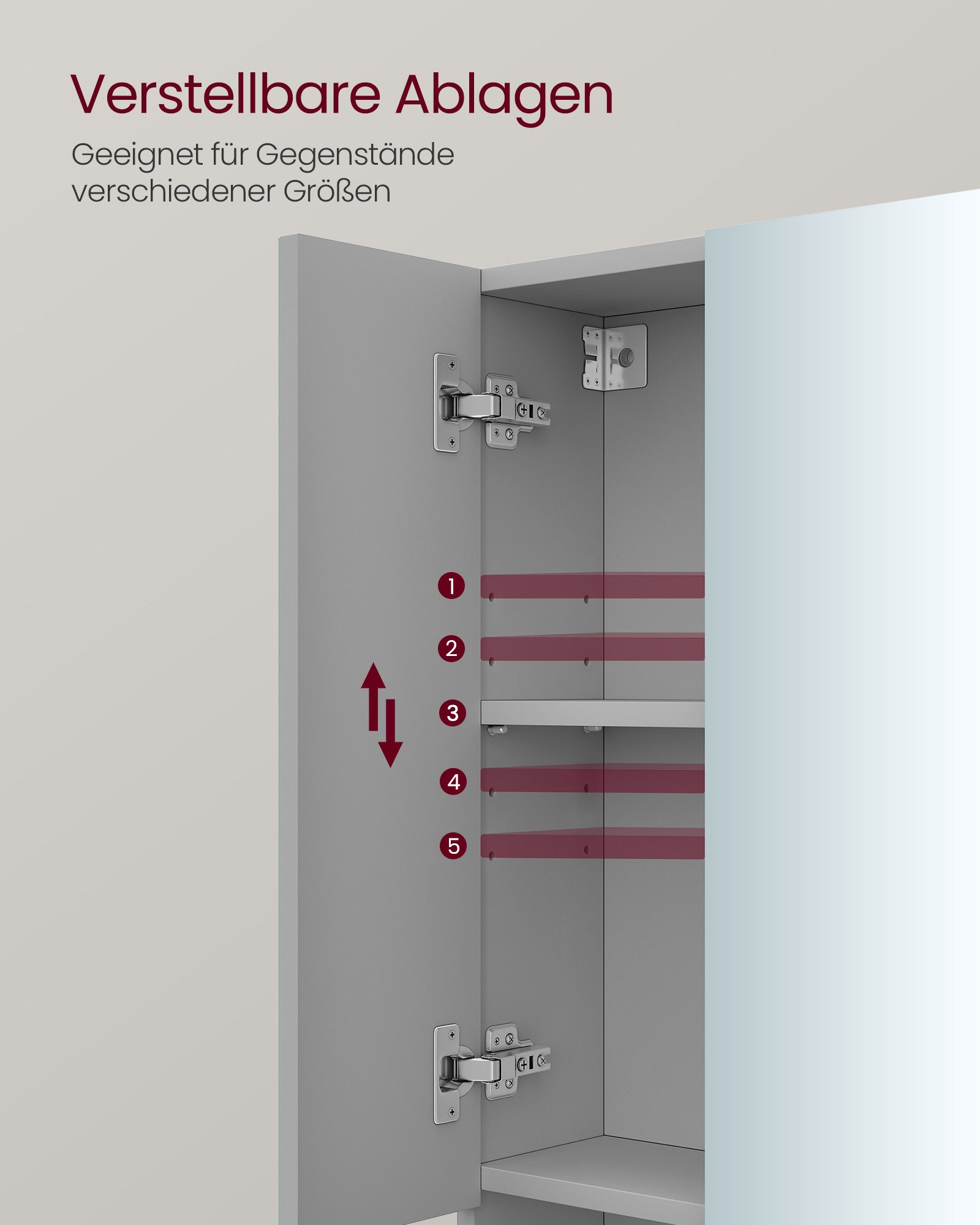 VASAGLE Spiegelschrank Badschrank Breite 70-90cm, mit 3 Türen, offenes Fach, verstellbare Ablagen