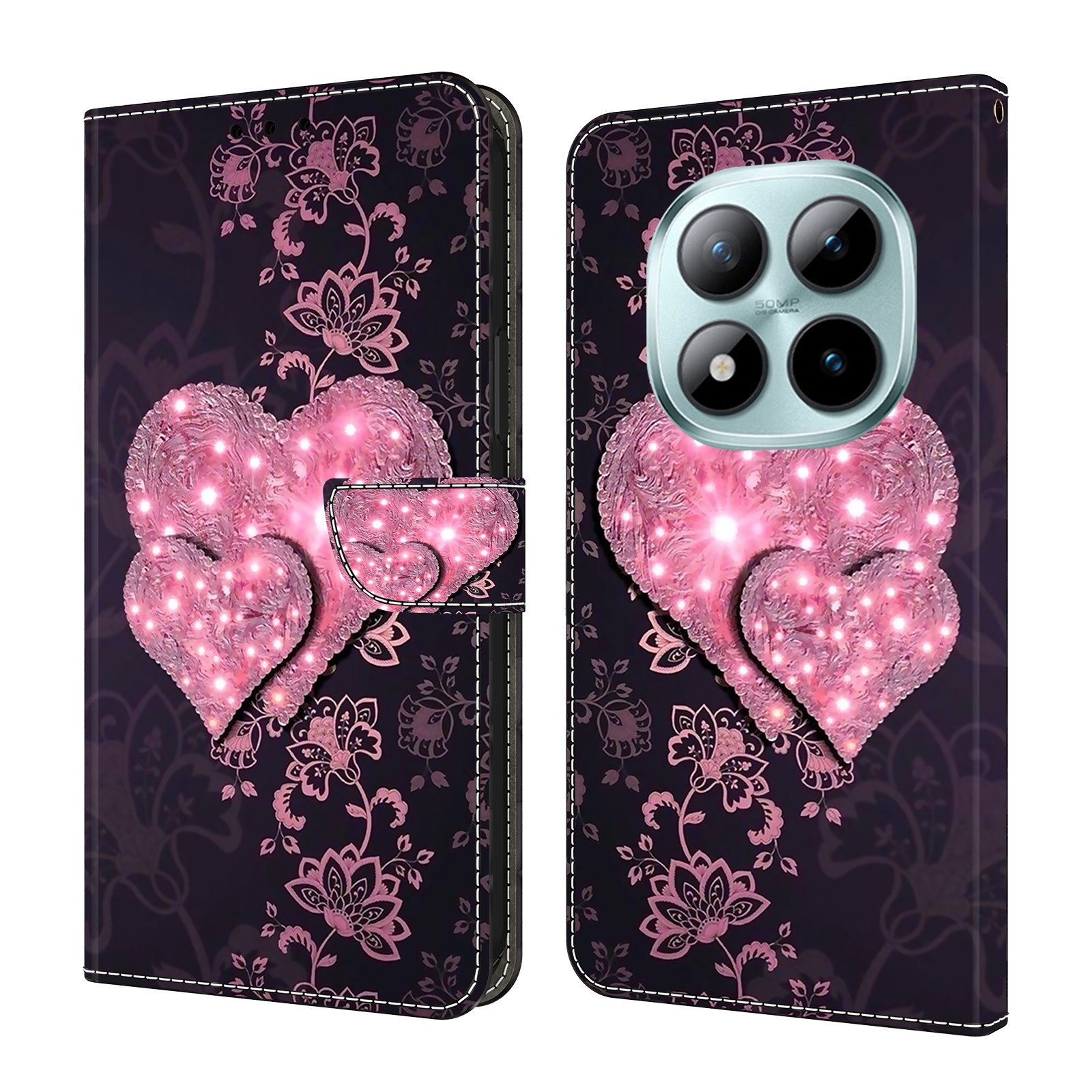 CLM-Tech Handytasche für Xiaomi Redmi Note 15 Pro 5G 6,83 Zoll Klapphülle aus PU Leder (rosa Herzen, 1-tlg., Flip Case), Magnetverschluss, Standfunktion und Kartenfächer
