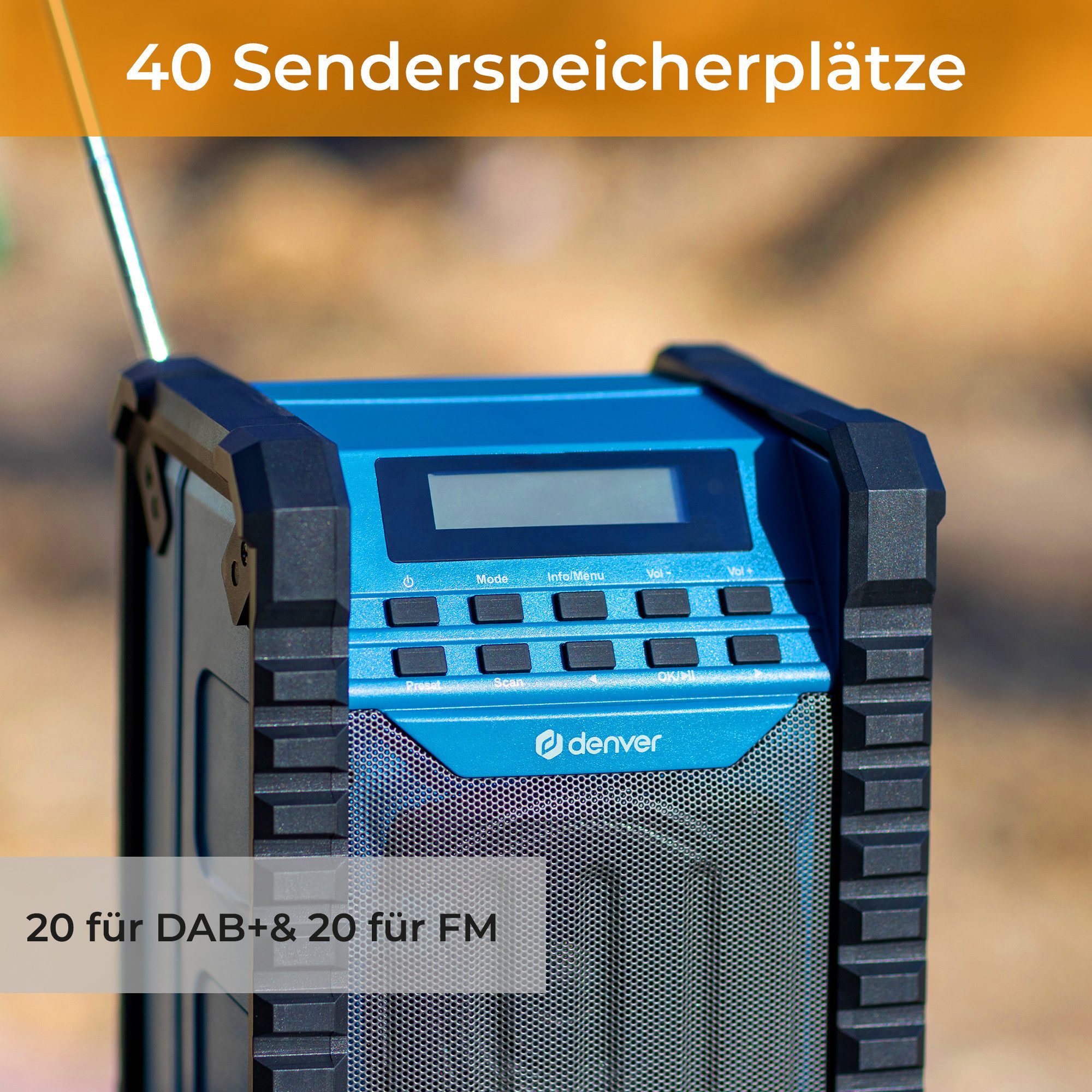Denver WRD-60 Baustellenradio (DAB+, FM, 10 W, Spritzwasserschutz (IP54), integrierter Akku 2000 mAh (10 h Laufzeit)