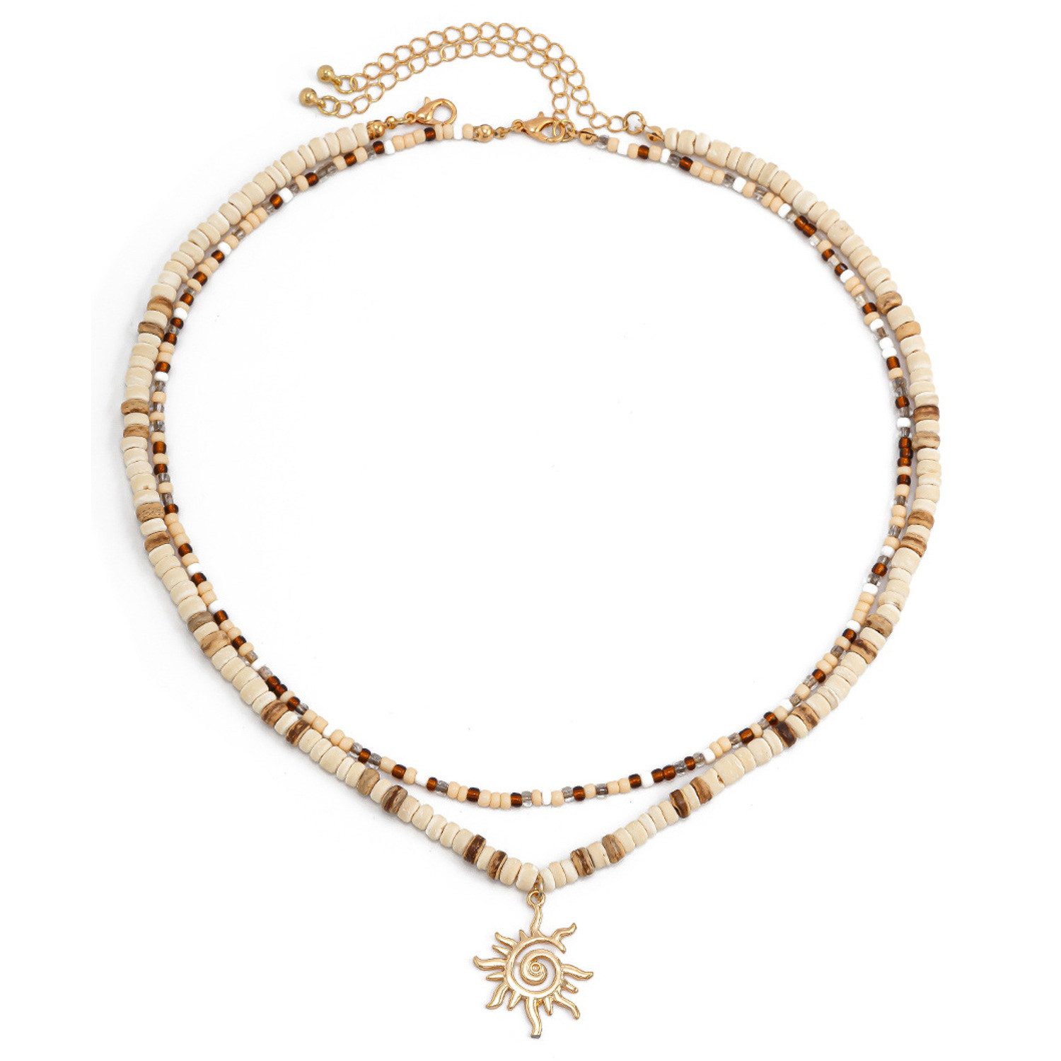 KARMA Ketten-Set Damen Gold Beige Kokosnuss-Schale Perlenkette (Geschenk für Sie Sommerkette, 2-tlg., Damen Damenhalskette modern), Halsketten Kette Damenschmuck