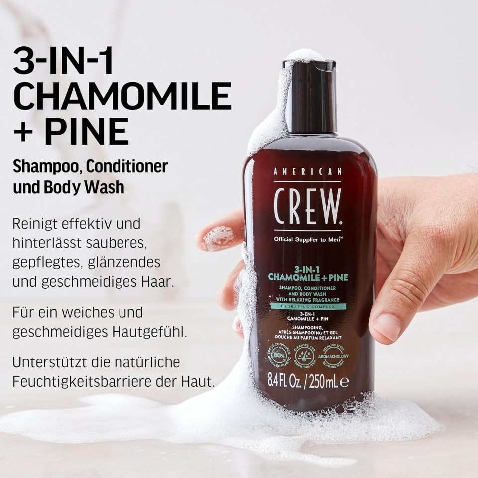 American Crew Haarshampoo 3-in-1 Kamille & Kiefer Shampoo, Conditioner & Body Wash 250 ml, All-in-One Männerpflege