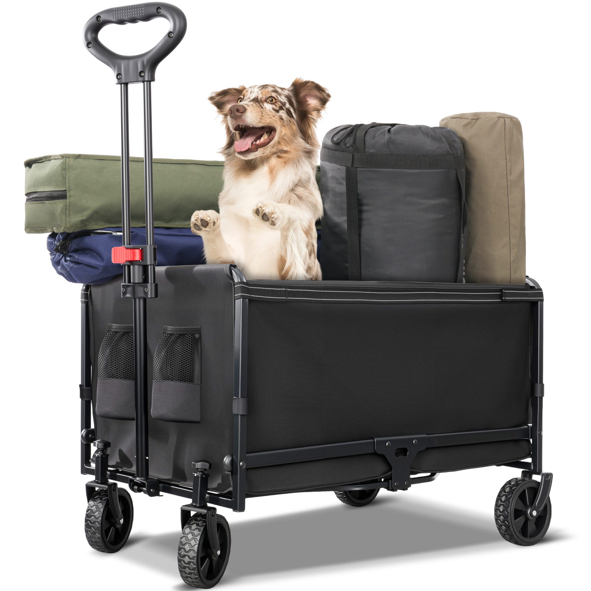 HOMECALL Bollerwagen Kleiner Handwagen Faltbar Gartenwagen kompakt (mit Regenschutz und Getränkehalter), bis 120 kg belastbar, 120 L, Schwar