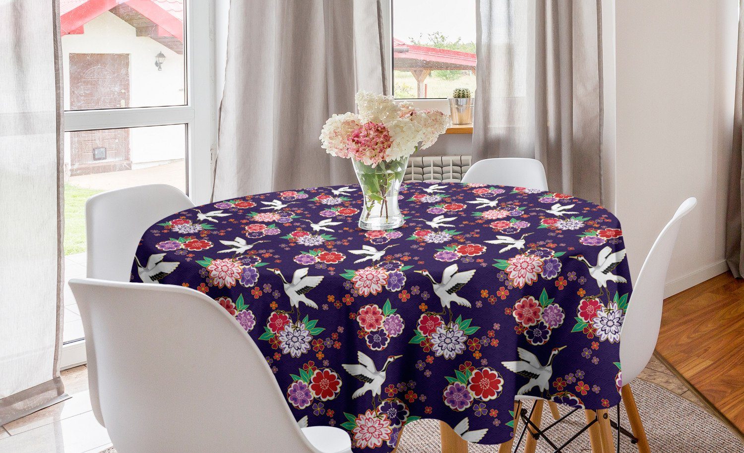 Abakuhaus Tischdecke Kreis Tischdecke Abdeckung für Esszimmer Küche Dekoration, Vögel Fliegen Kran und Blumen