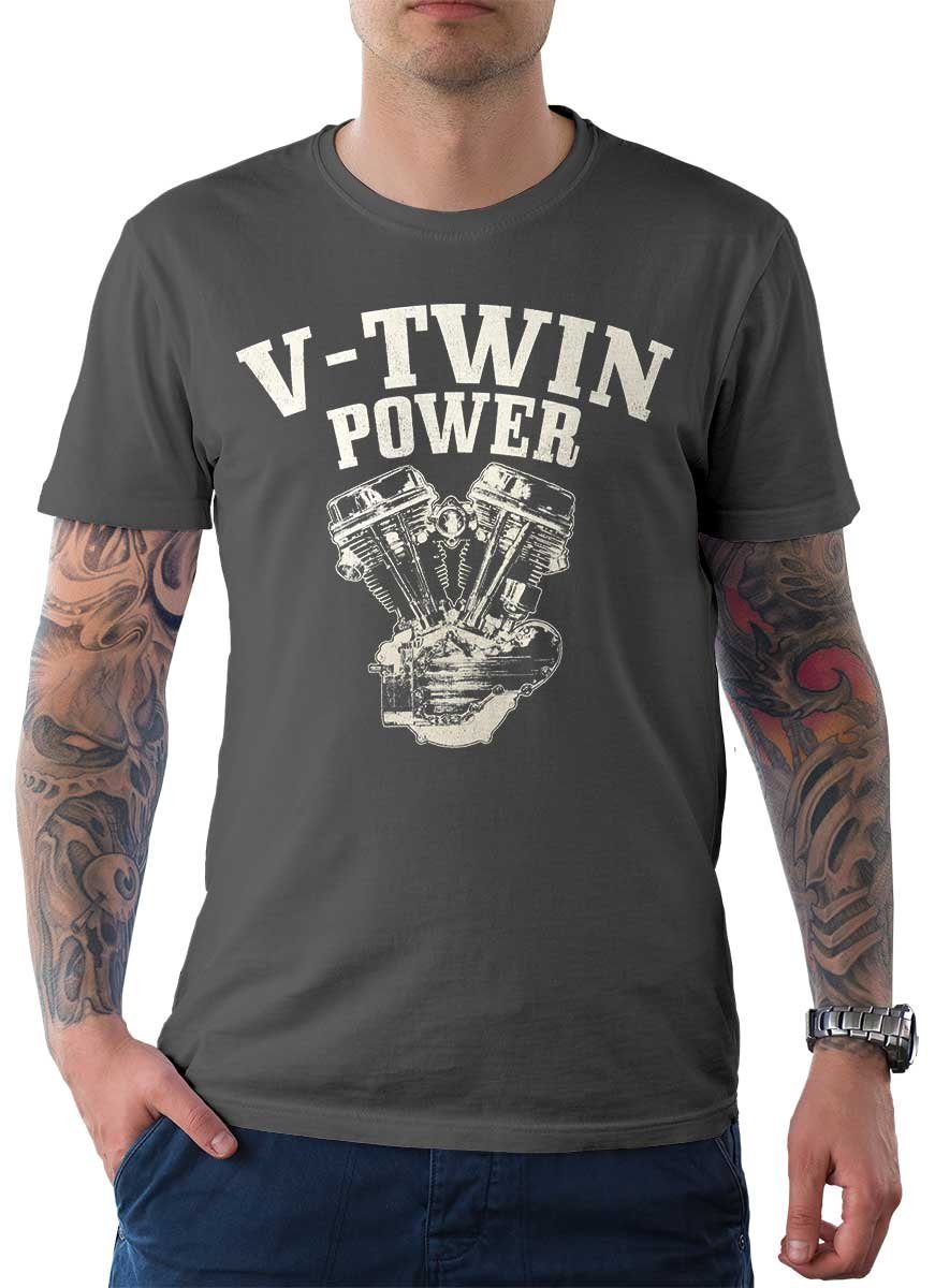 Rebel On Wheels T-Shirt Herren T-Shirt Tee V-Twin Power mit Biker / Motorrad Motiv Grau