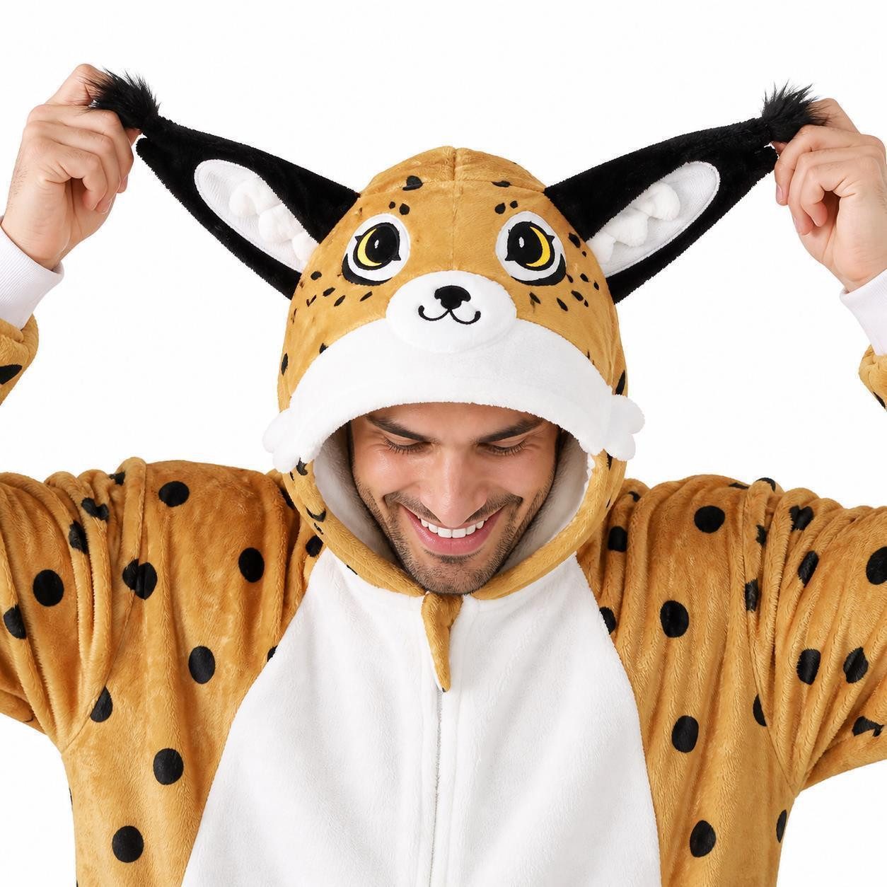 Corimori Partyanzug Flauschiges Luchs-Kostüm für Erwachsene, Karneval Kostüm Onesie für, Jumpsuit, Pyjama, Fasching, Kigurumi, Tierkostüme, Luchs Silas