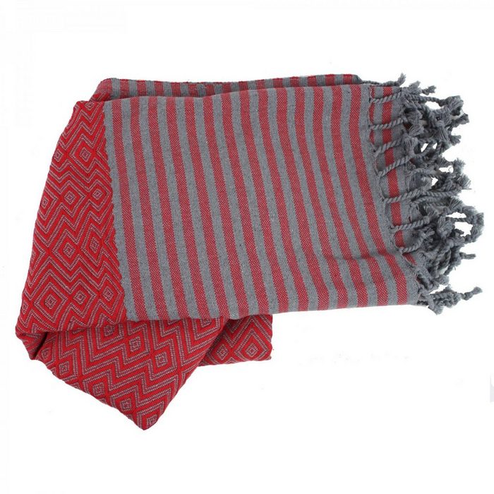 mitienda Hamamtuch Handtuch Fouta rot-grau aus Baumwolle Handarbeit Frottier
