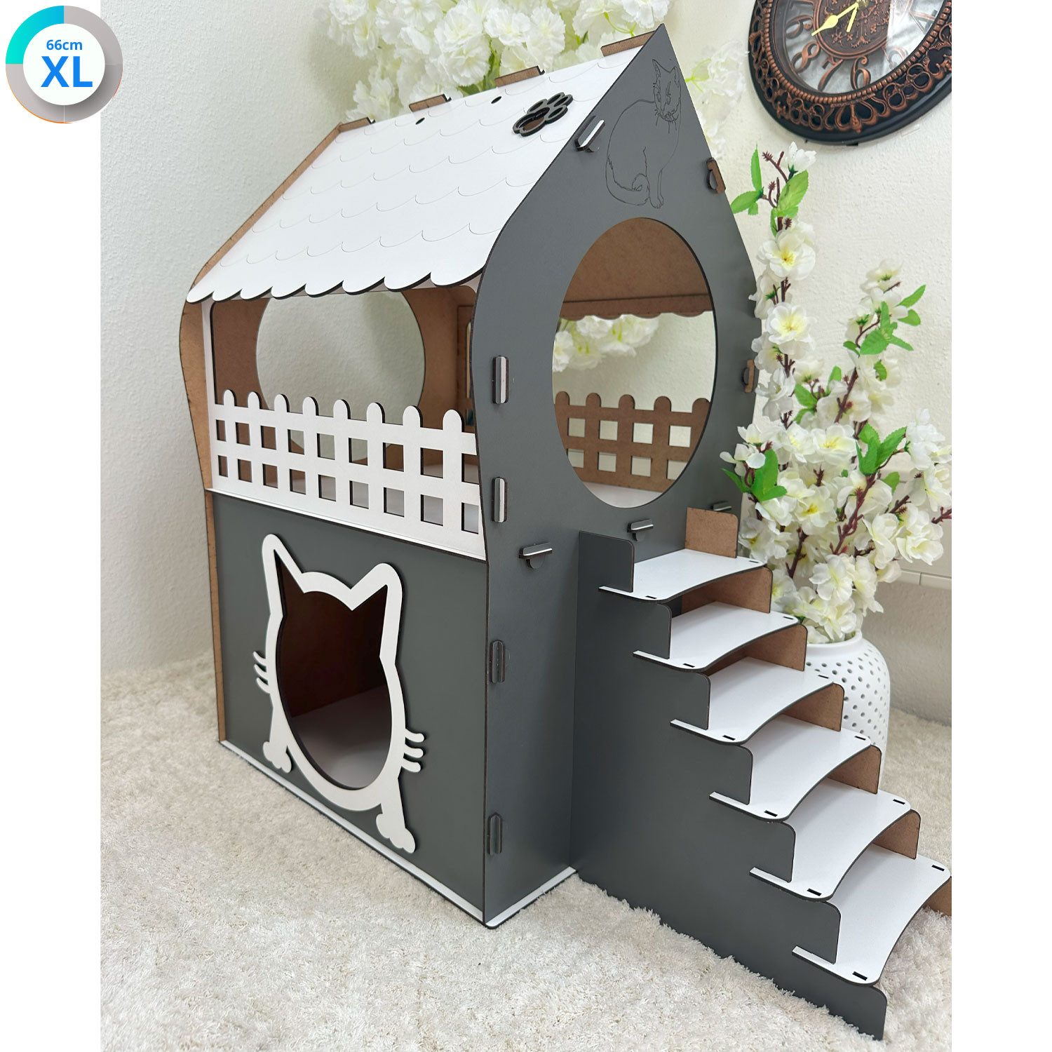 Jungengel Tierhaus Zweistöckiges Katzenhaus aus MDF – Anthrazit & Weiß – in günstig online kaufen