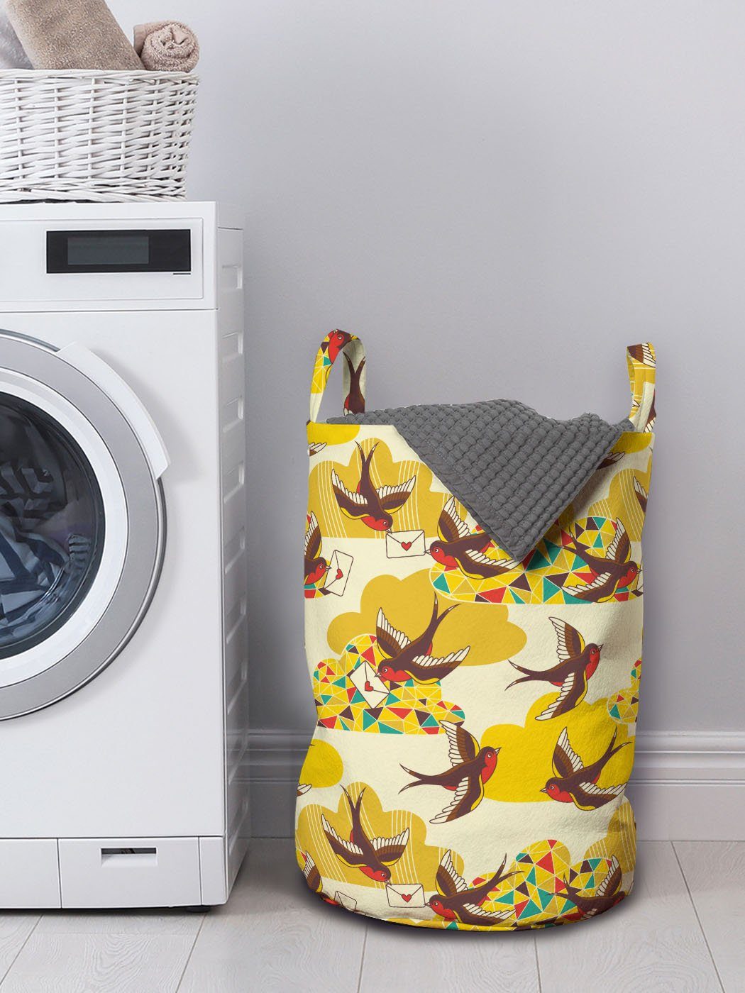 Abakuhaus Wäschesäckchen Wäschekorb mit Griffen Alte Kordelzugverschluss Trage Waschsalons, für Schule Letters Vögel