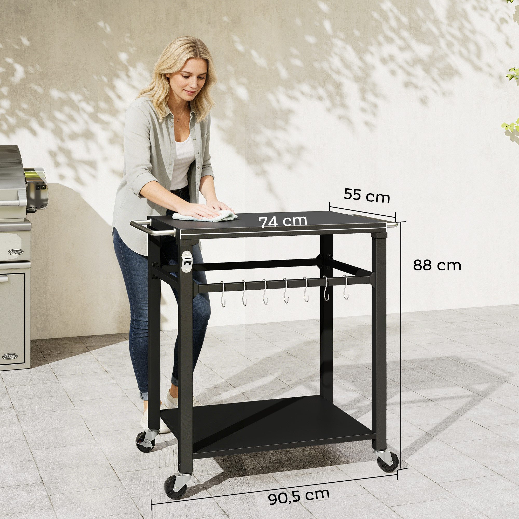 Outsunny Servierwagen 2-Etagen Grilltisch mit Metalloberfläche, (Set, 1 St., 1), Mit Haken, Rollen, Flaschenöffner