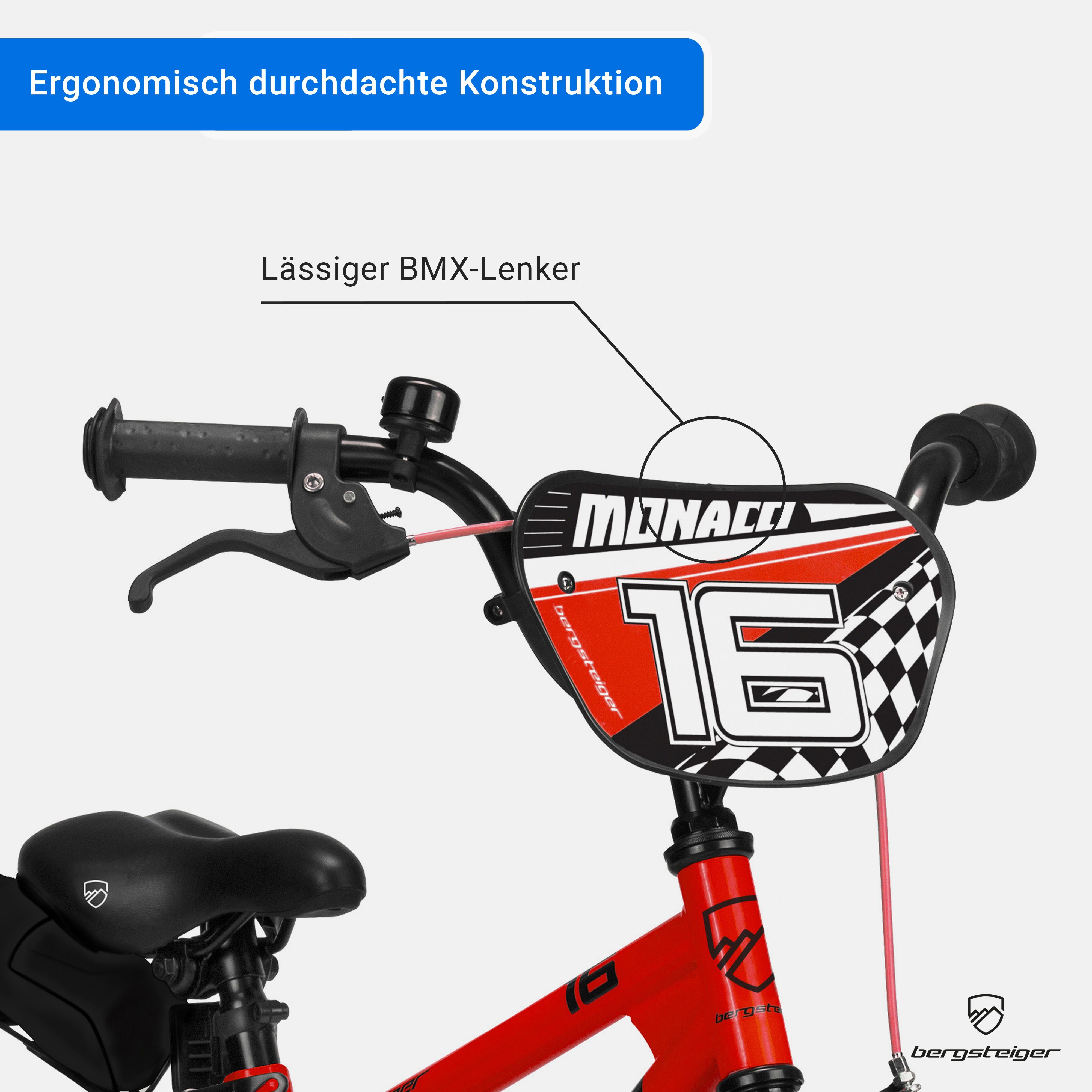 bergsteiger Kinderfahrrad Monaco 16 Zoll, geeignet für 4, 5, 6 Jahre, BMX, 1 Gang, V-Brakes, Trinkflasche – Bild 4 von 5