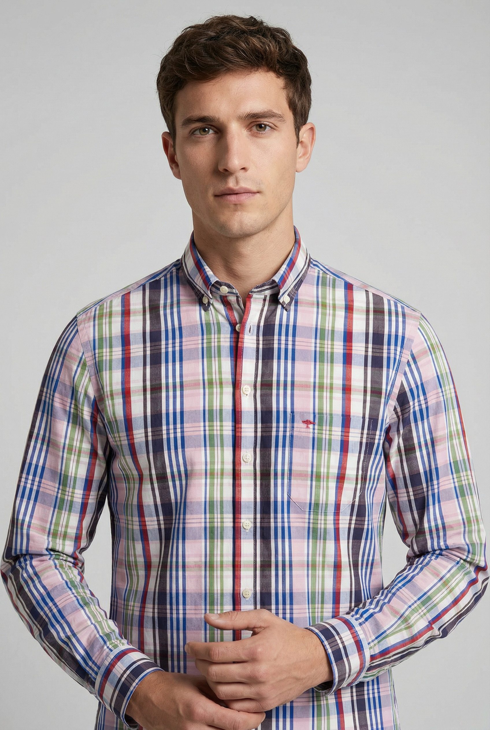 FYNCH-HATTON Langarmhemd kariert, mit Knopfleiste und Button-Down-Kragen