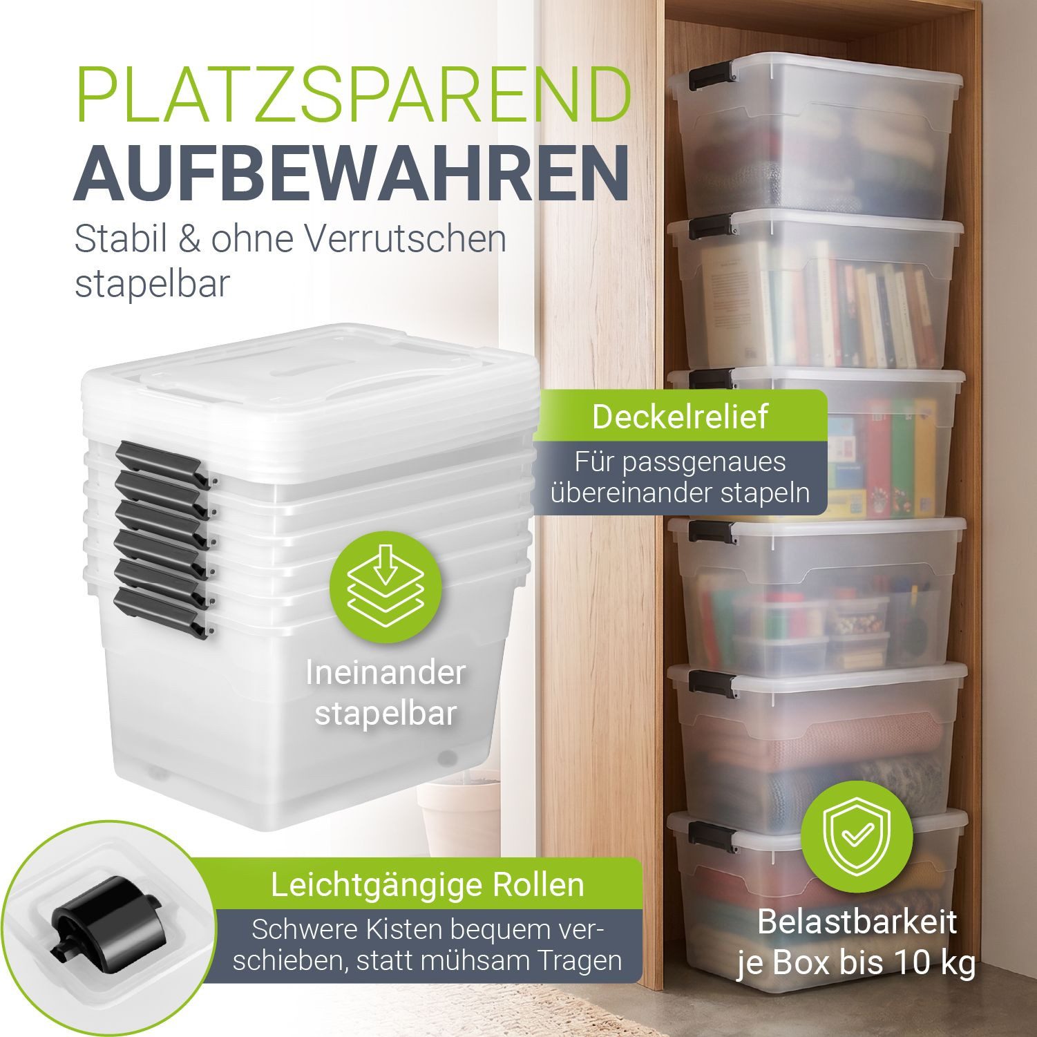 Juskys Aufbewahrungsbox (6 St), mit Rollen, stabil, verschließbar und pflegeleicht