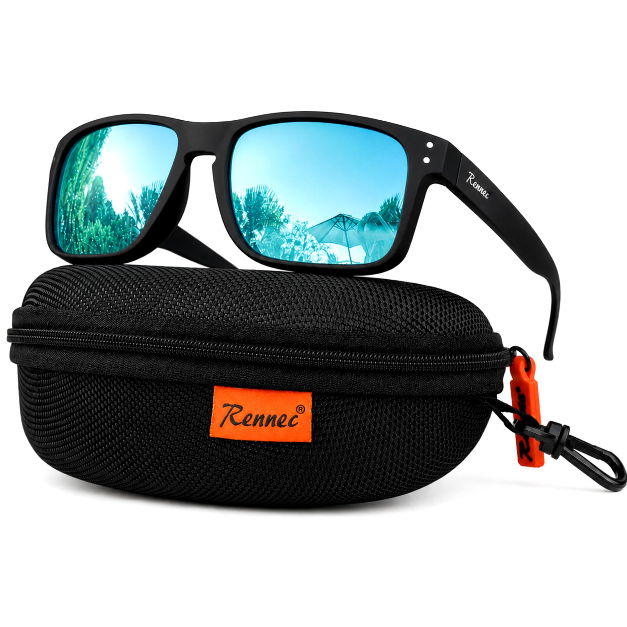 Rennec Sonnenbrille Herren Rechteckig Polarisiert Verspiegelt Markenbrille mit Hardcase Gläser UV400 Getönt oder Verspiegelt, stabile Bügelgelenke