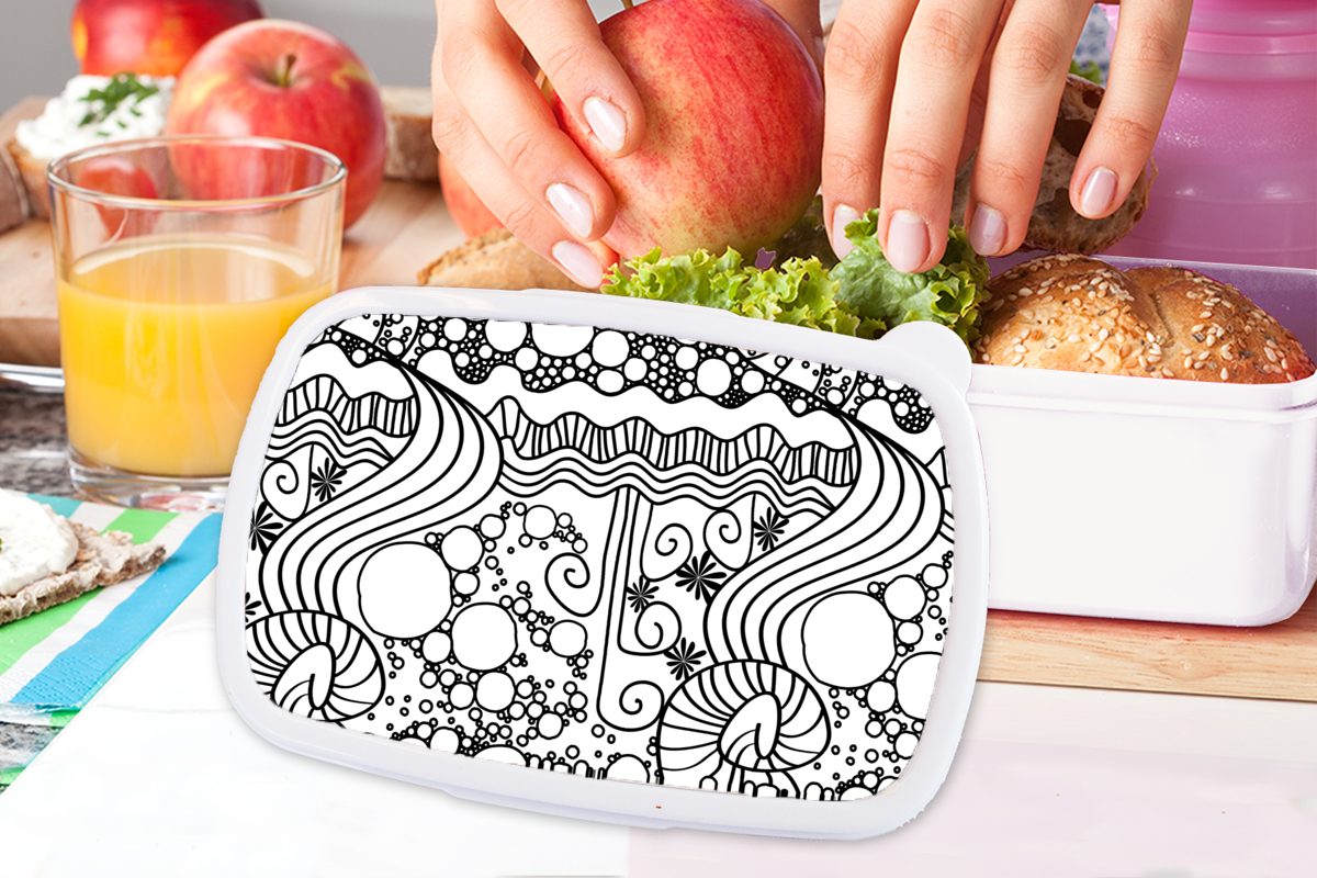 Weiß, Kunststoff, Schwarz (2-tlg), Brotdose, - Muster und - und Kinder und Mädchen - Lunchbox MuchoWow Jungs Abstrakt Erwachsene, für Brotbox Linienkunst für