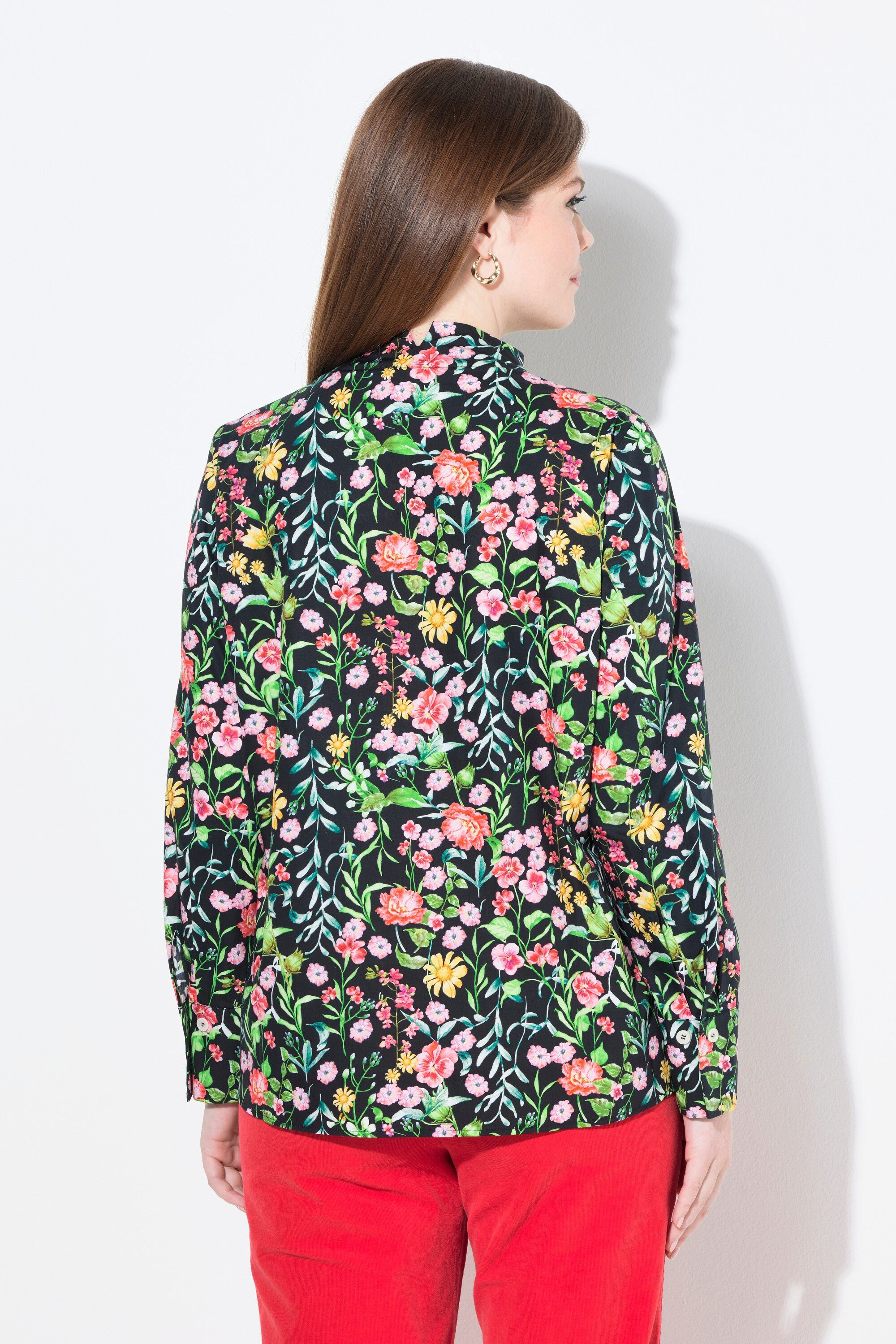 Ulla Popken Longbluse Bluse Blüten Kelchkragen V-Ausschnitt Langarm