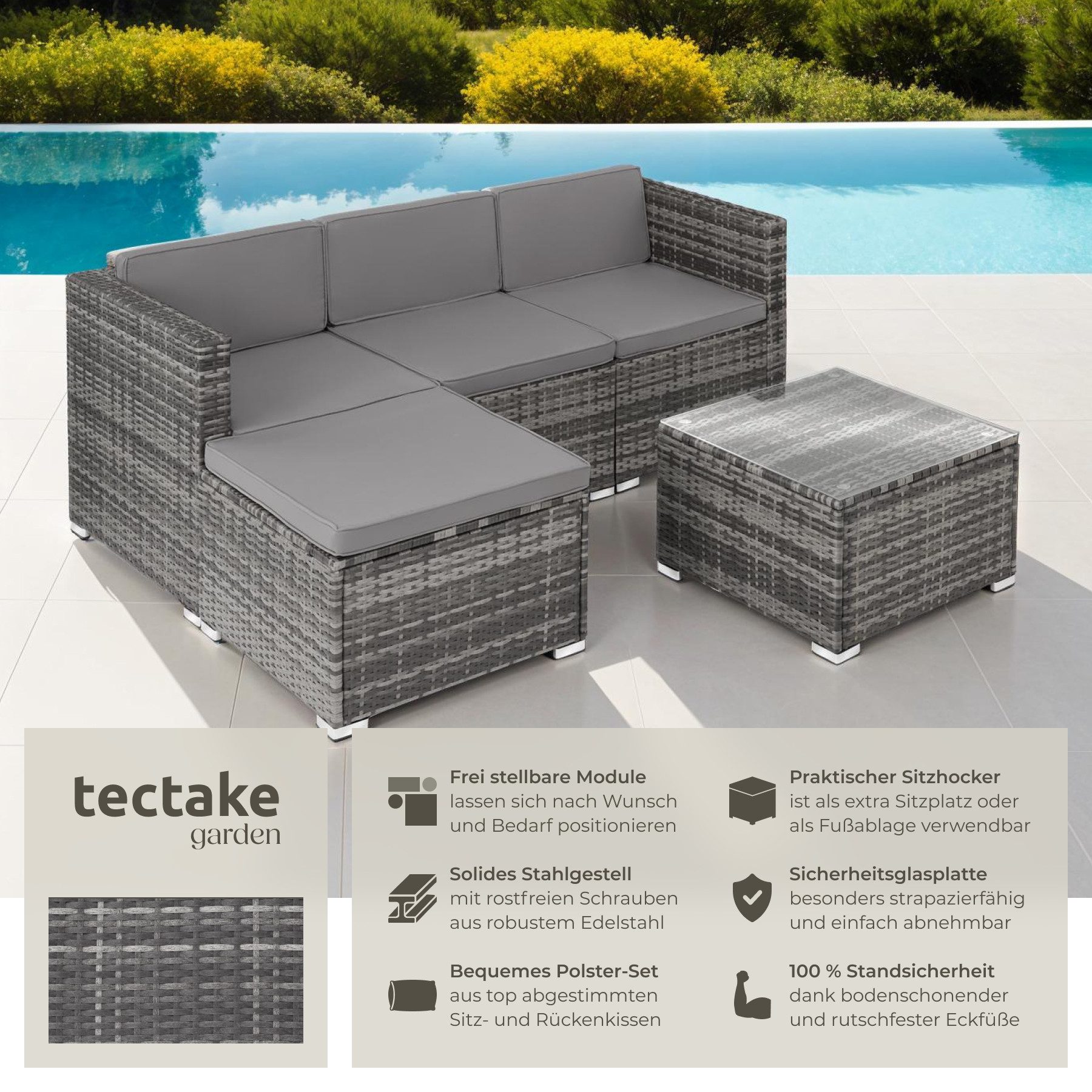 tectake Loungeset rattan sitzgruppe lignano mit uv-beständigem geflecht, (garden lounge set Lignano, 5-tlg., in Grad), abnehmbare, waschbare bezüge und sicherhe – Bild 2 von 5