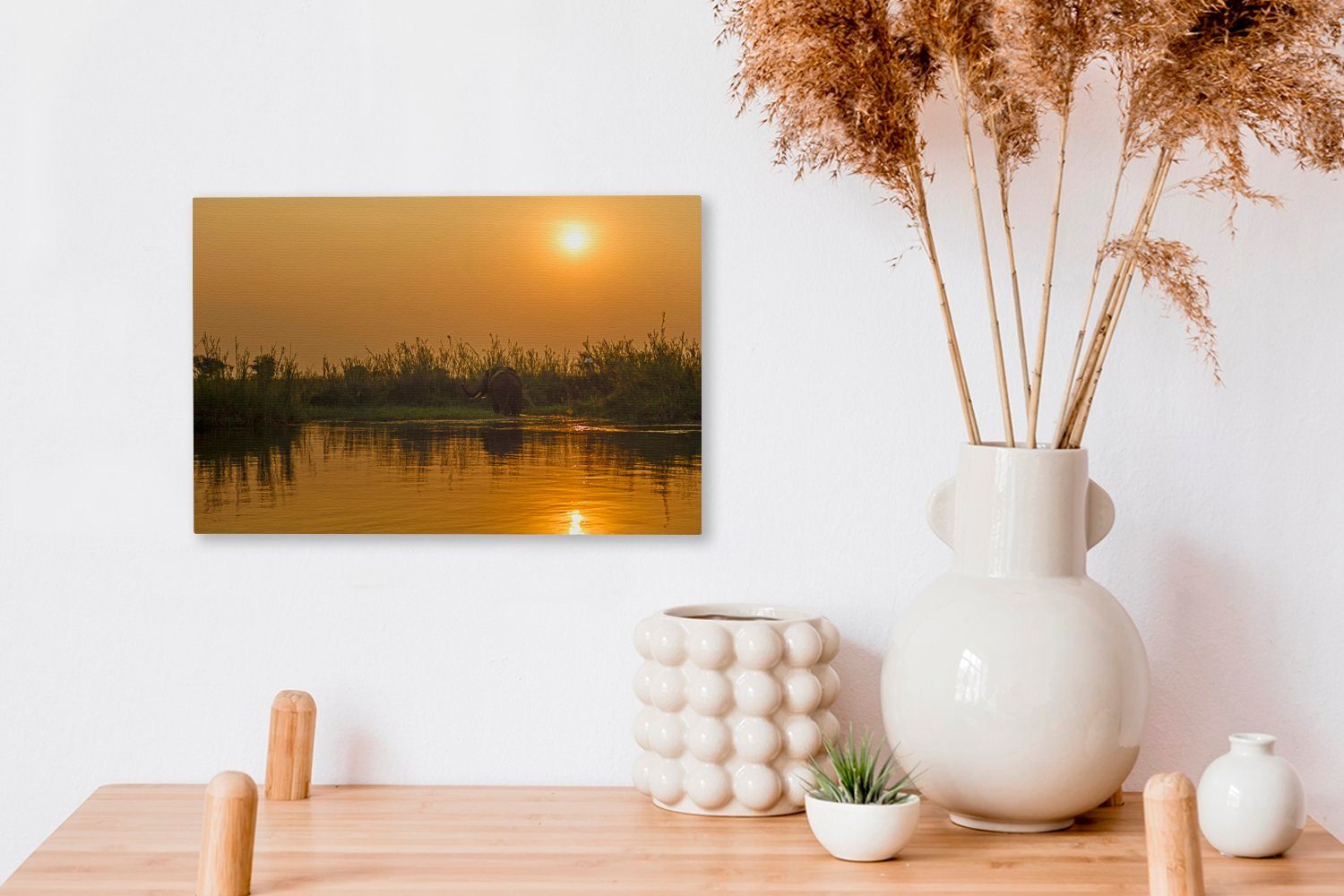 Wandbild 30x20 St), (1 Leinwandbild Sonnenuntergang Wanddeko, cm Zambezi OneMillionCanvasses® des Sambesi-Flusses entlang im Aufhängefertig, Leinwandbilder, Lower National,