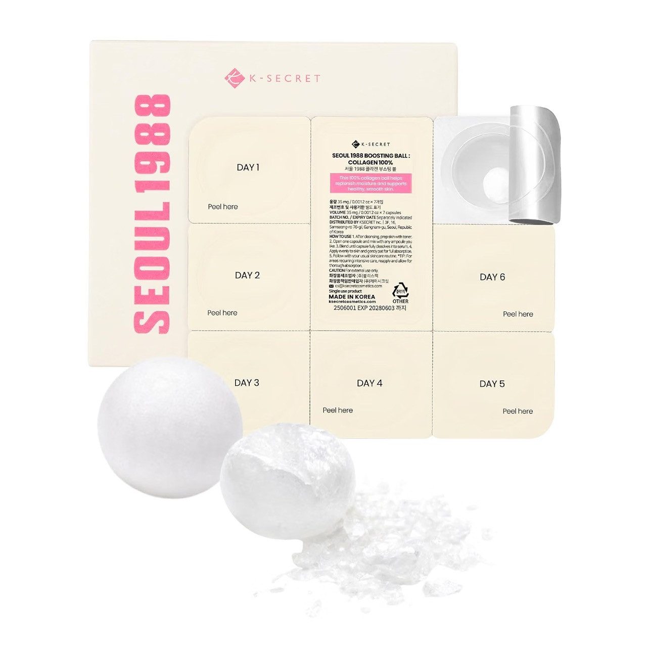 K-Secret Gesichtsserum Seoul 1988 Boosting Ball Collagen 100% Packung, 7 Portionen à 35 mg, insgesamt 245 mg; Hydrolyzed Collagen 100 %