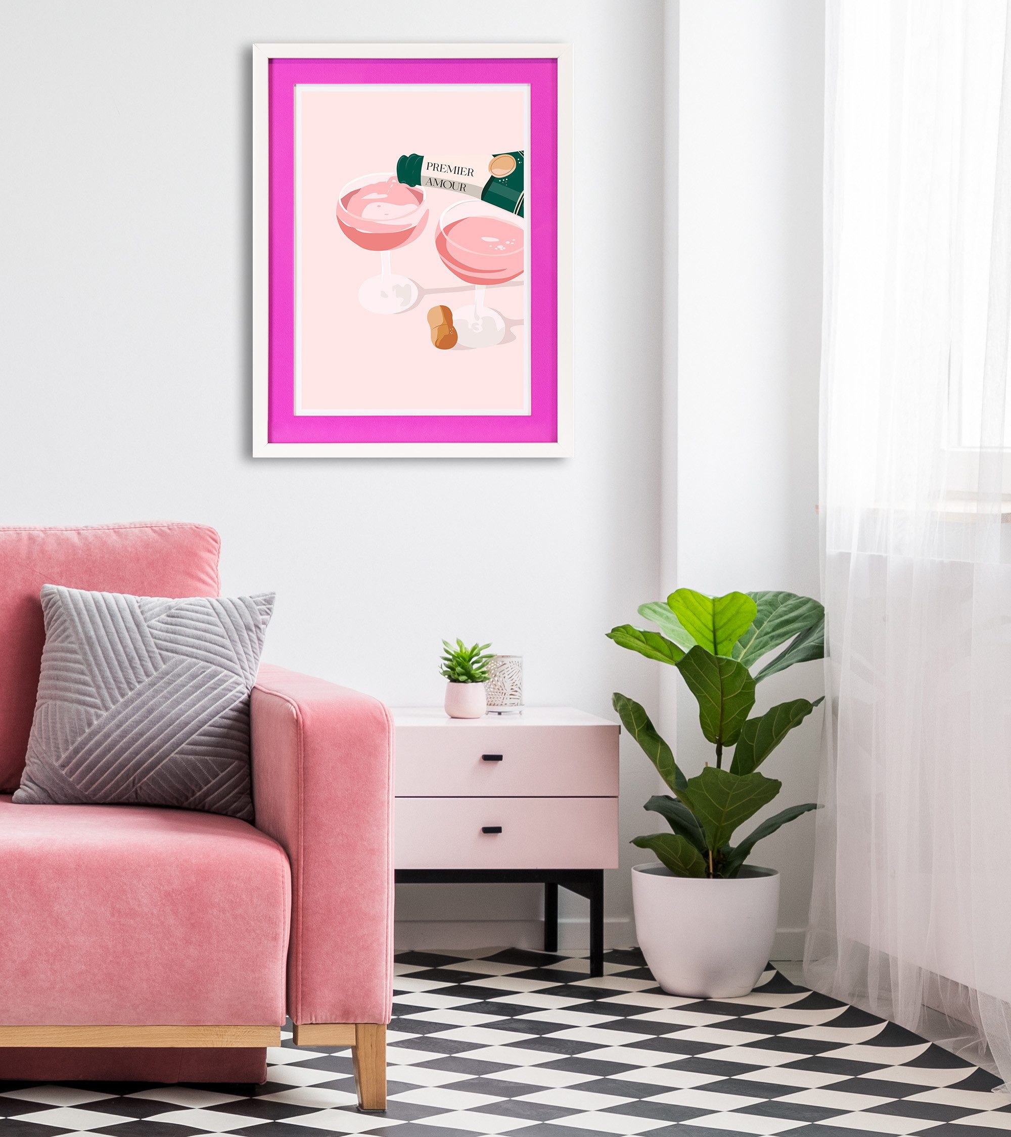 queence Bild mit Rahmen Champagner, Gläser, Getränke (1 St), Poster mit buntem Acrylglas Passepartout