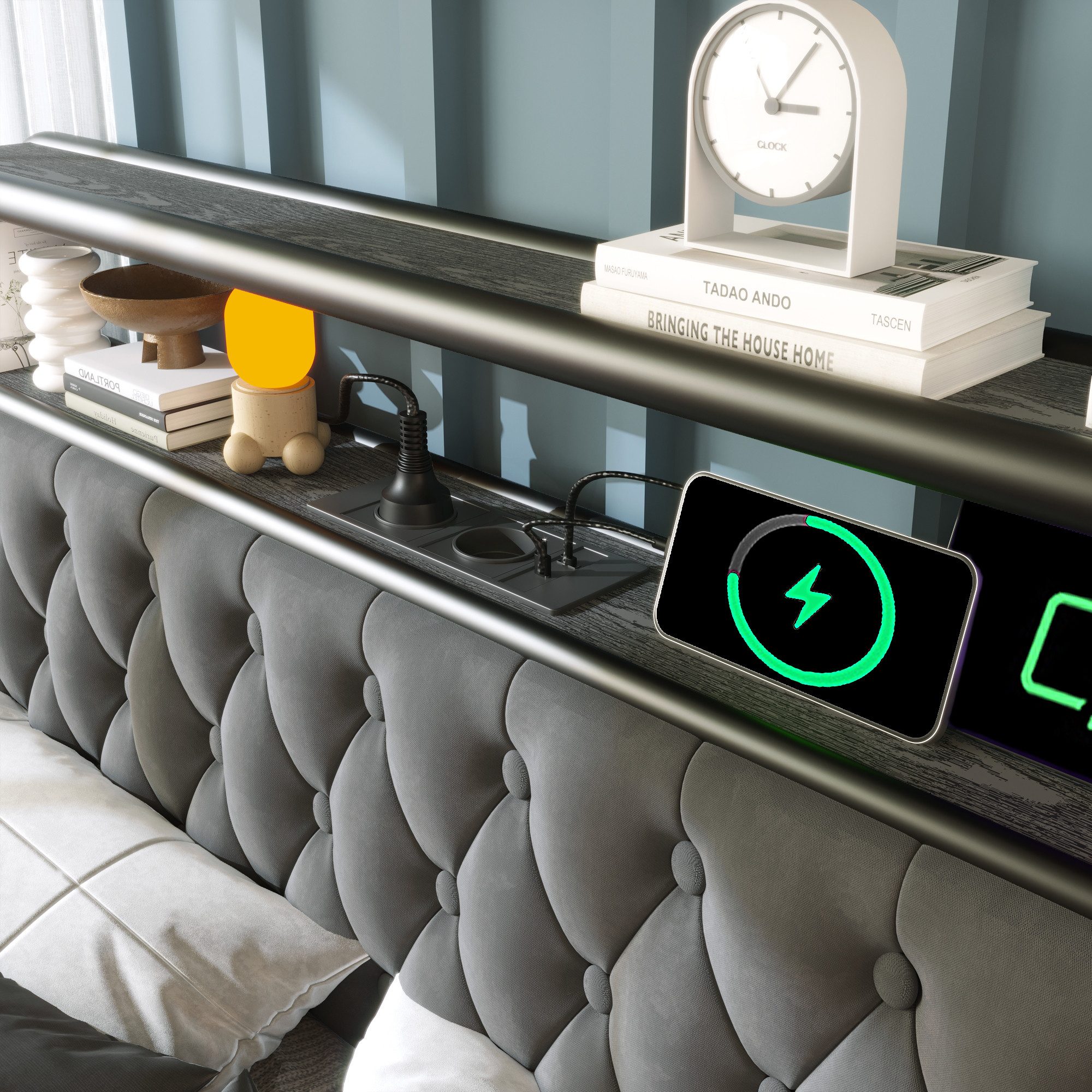 Luckice Upholstered Bed 140×200cm Double Bed with USB Type C Charging (APP-Control LED Bed Frame, Metal Bed Frame and 4 Drawers), Velvet (Mattress Not Included)