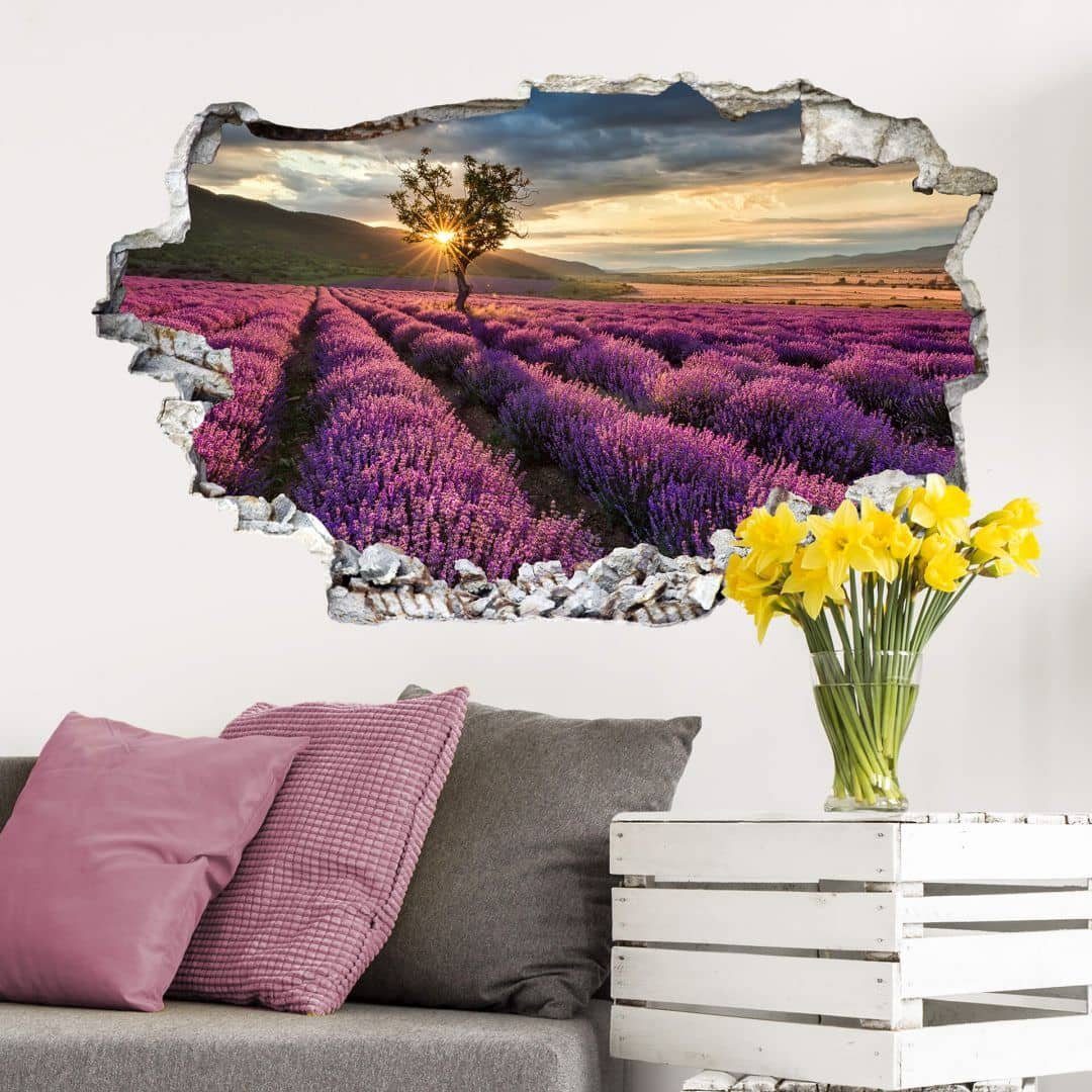 K&L Wall Art Wandtattoo 3D Wandtattoo Aufkleber Lavendelblüte in der Provence lila Blumenfotografie, Mauerdurchbruch Wandbild selbstklebend | Wandtattoos