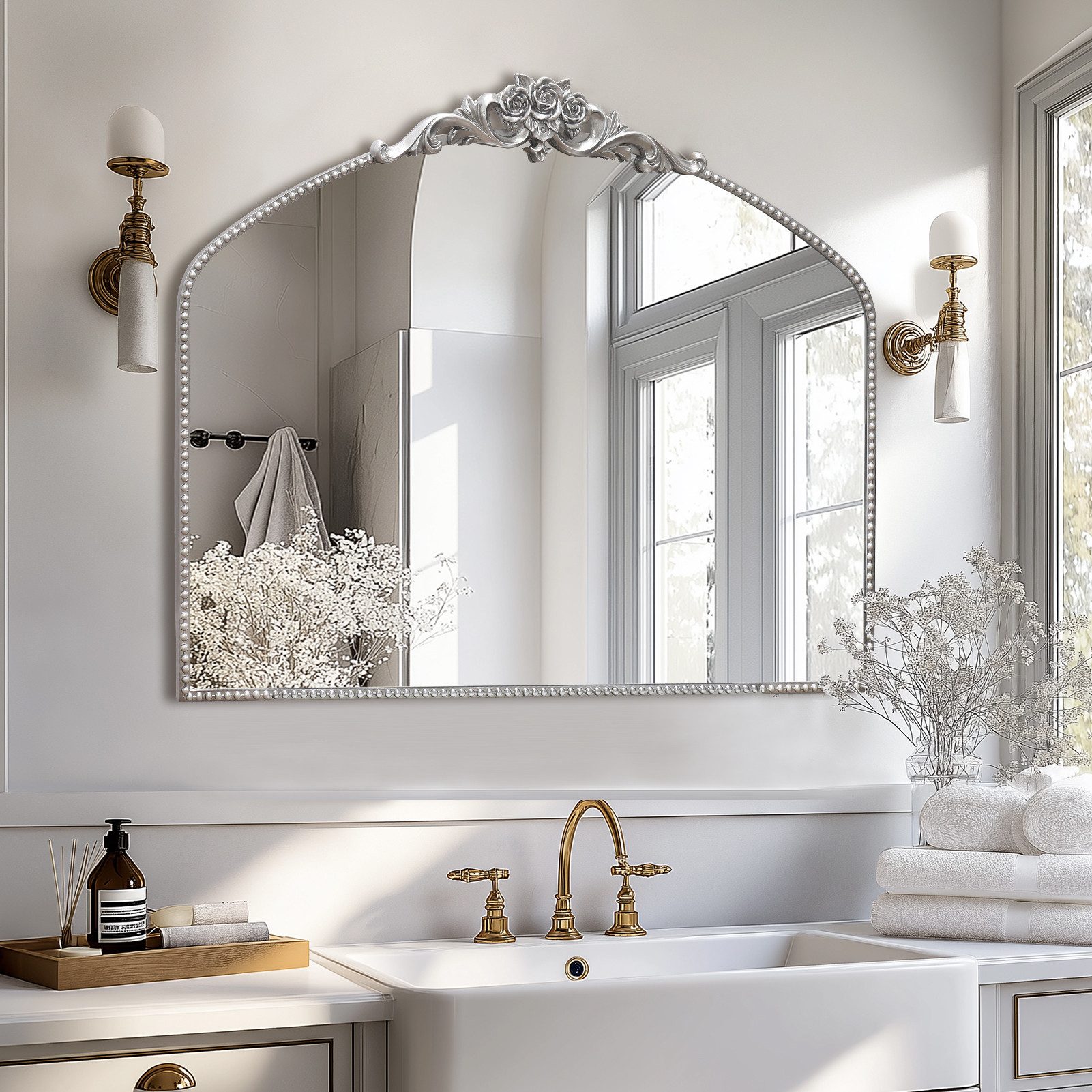 G-LEAF Spiegel Bogen-Wandspiegel, antiker Spiegel im Barockstil, mit Perlenverzierung (1-St), für Eingangsbereich, Badezimmer oder Schlafzimmer, Vintage-Silber