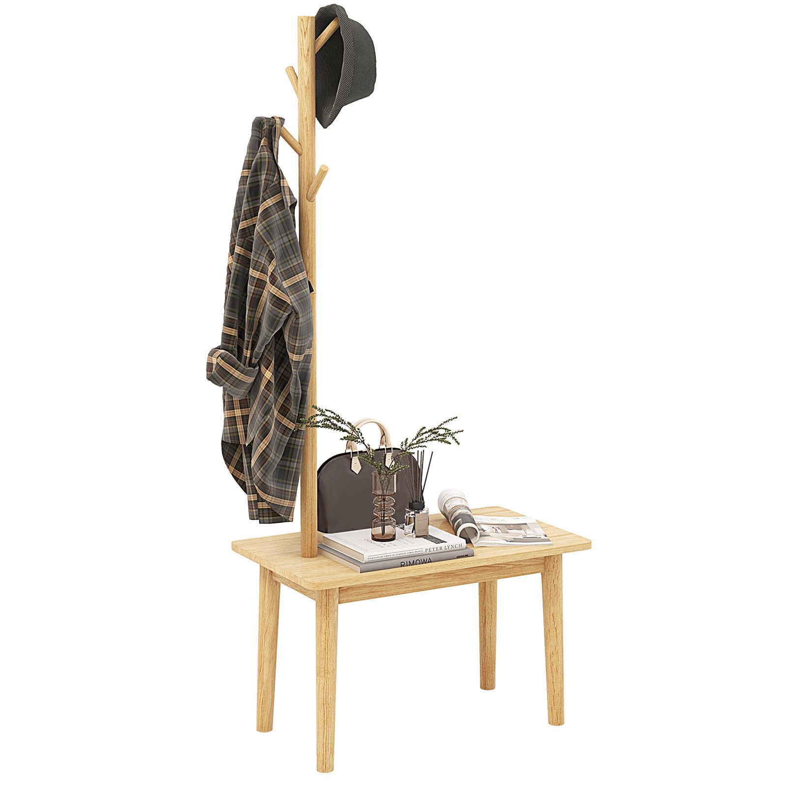 COSTWAY Kleiderständer, 3 in 1, mit Schuhbank & 3 Haken, Massivholz, 168cm