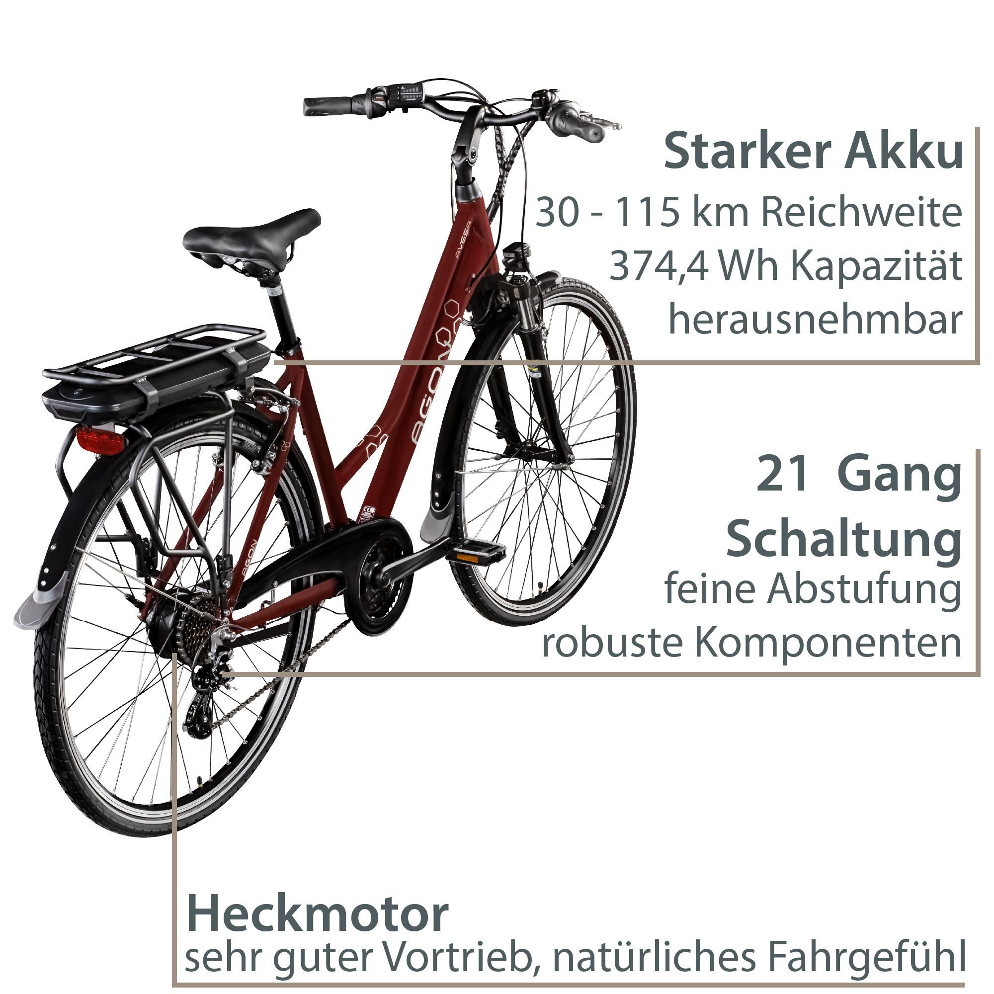 AGON E-Bike Trekking Bike Avesa, 21-speed, derailleur gears, rear motor, 374 Wh, pedelec, electric bicycle for women and men