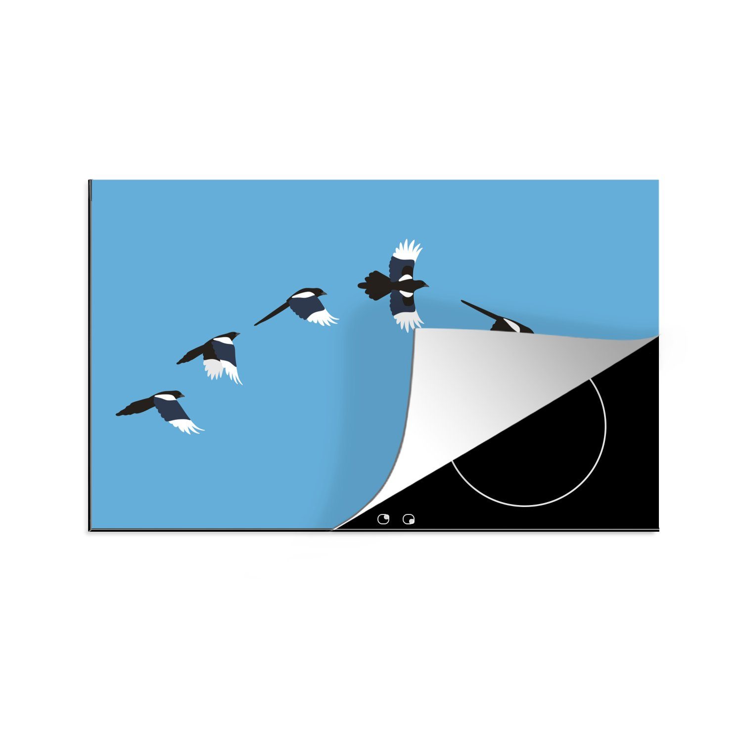 MuchoWow Herdblende-/Abdeckplatte Illustration einer Gruppe von fliegenden Elstern, Vinyl, (1 tlg), 83x51 cm, Ceranfeldabdeckung, Arbeitsplatte für küche