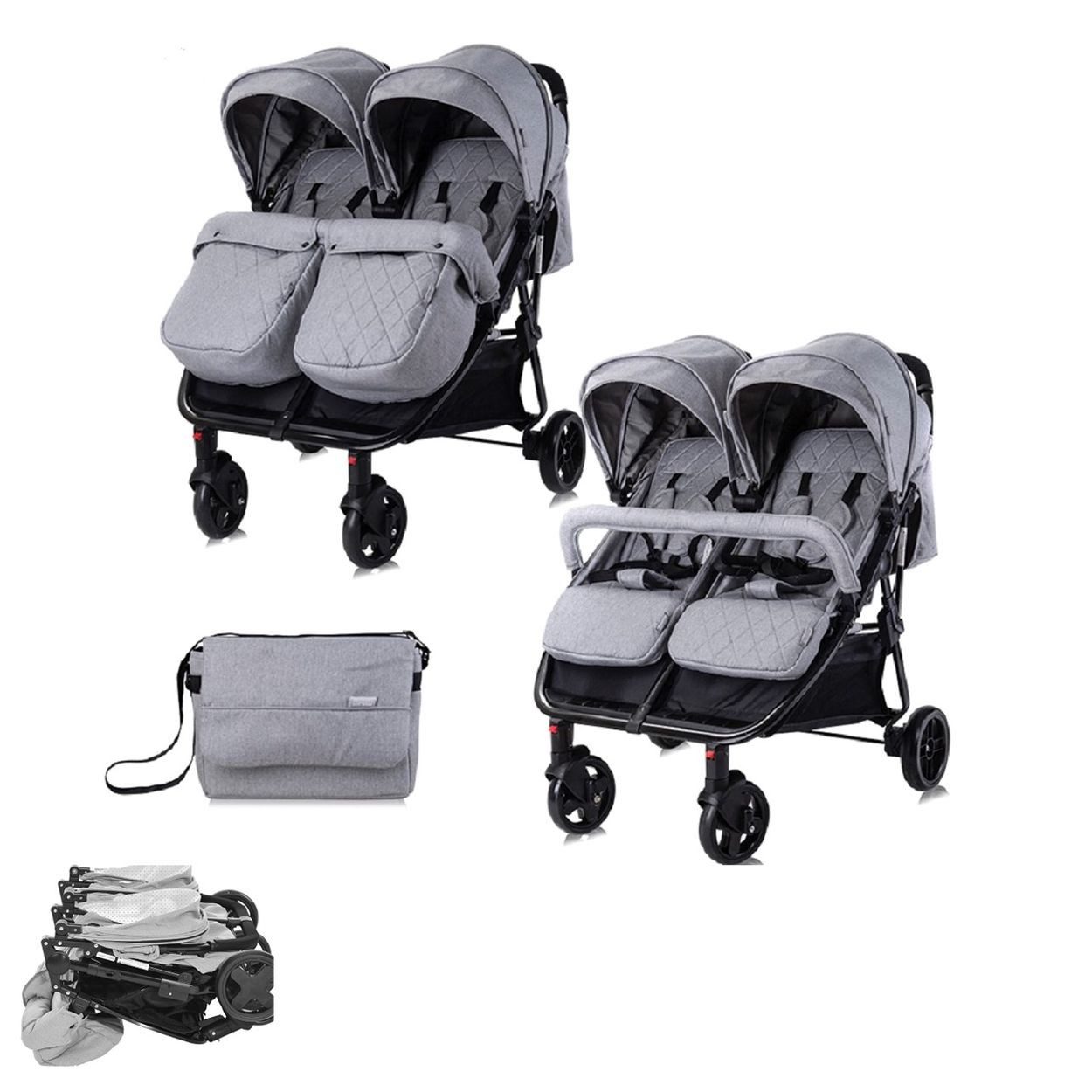 LORELLI Zwillings-Kombikinderwagen Duo, Aluminium, 5-Punkt-Gurt, Wickeltasche, Fußabdeckung, Sonnendach