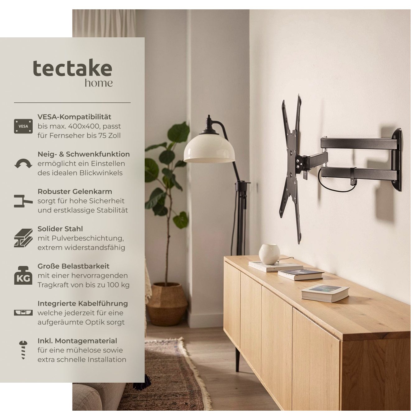 tectake TV-Wandhalterung Fernseherhalterung für 26-75 Zoll (66-191 cm), max. VESA 400 x 400, (bis 75 Zoll, für Flachbildfernseher, bis 100 kg, ausziehbar, schwenkbar und neigbar, inkl. Kabelhalterung)