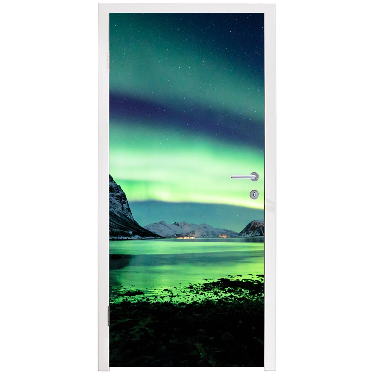 St), Norwegen Türaufkleber, - Tür, Wasser - - Nordlicht Matt, MuchoWow cm 75x205 - bedruckt, - Fototapete Gelb (1 Eis Schnee, Berg - Türtapete für