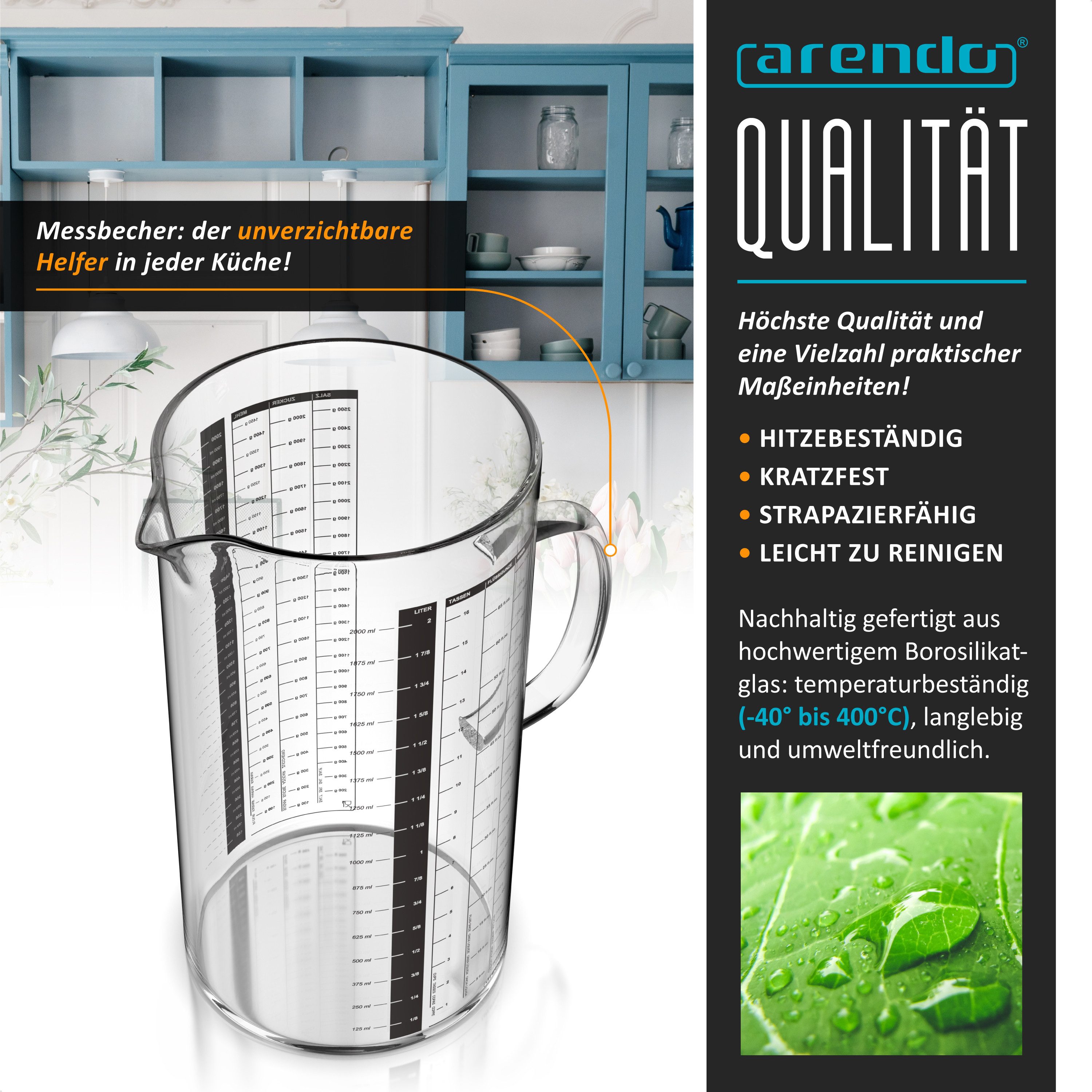 Arendo Messbecher 2 l Glas Messkrug Set, Borosilikatglas, hitzebeständig, Küchenbehälter, Glas, präzise Skala, hitzebeständig, mikrowellengeeignet, 2000 ml