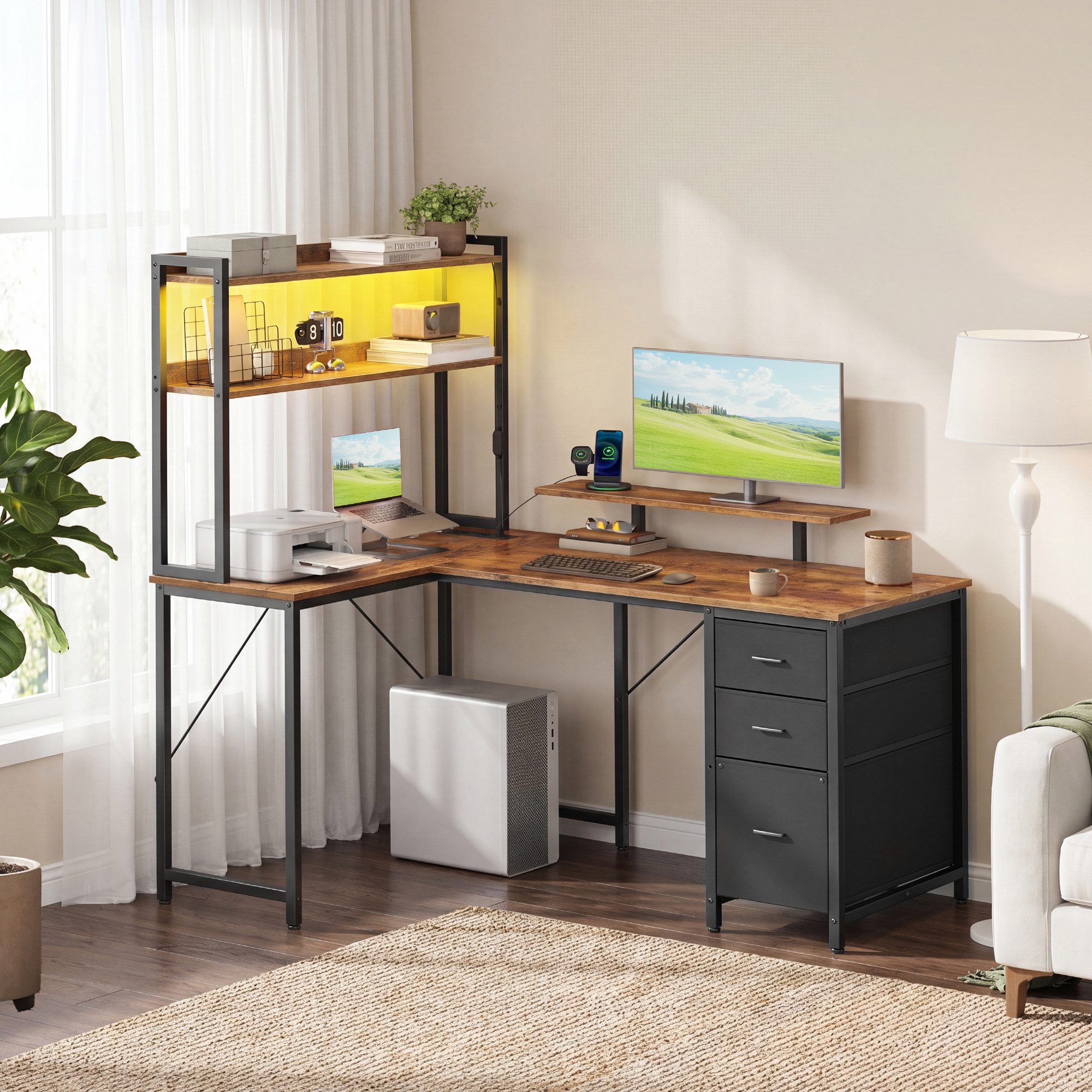 VASAGLE Schreibtisch L-Form Eckschreibtisch mit Steckdosen und LED-Beleuchtung, Computertisch mit 3 Schubladen und Monitorständer, 140 x 100 x 150 cm