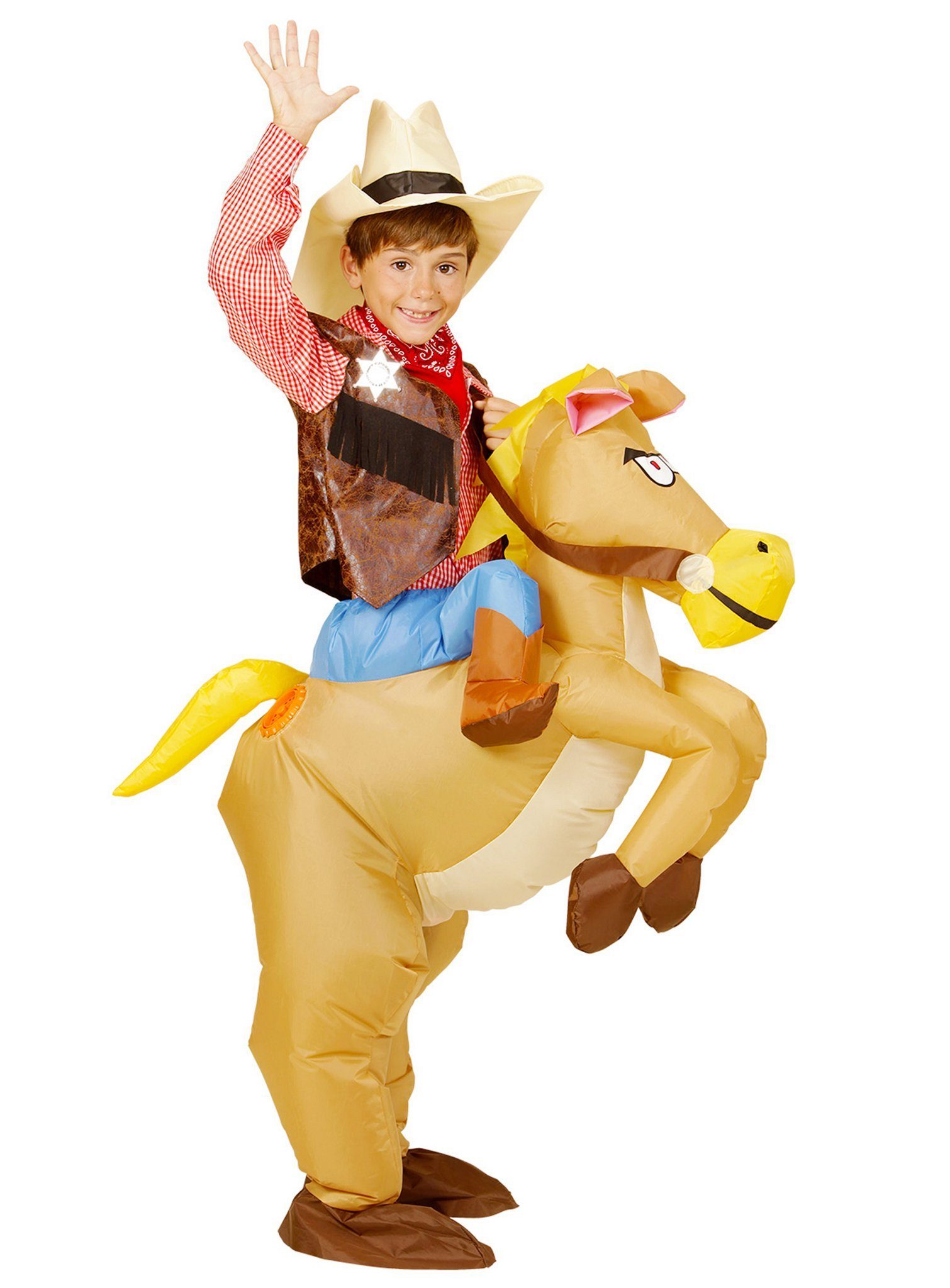 Widdmann Cowboy-Kostüm Wildes Pferd, Selbstaufblasendes Reiterkostüm für kleine Westernfans