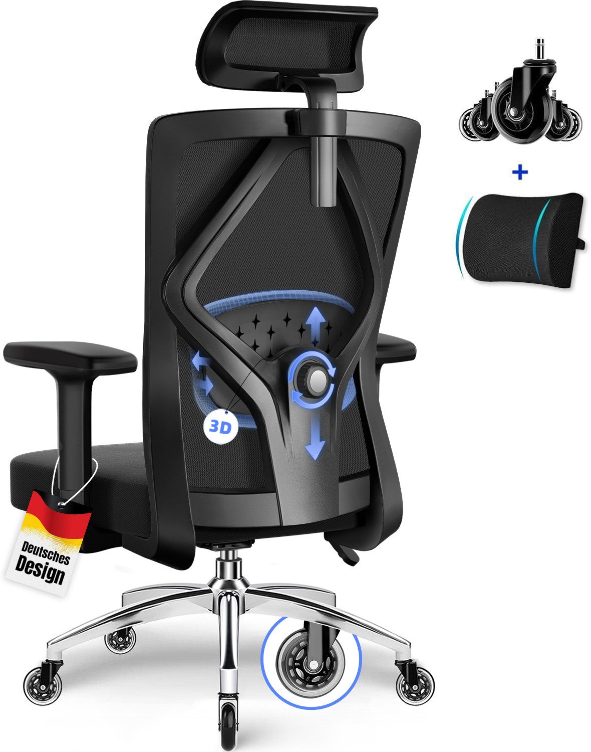 Lexzurn Bürostuhl Bürostuhl ergonomisch, Schreibtischstuhl 3D Memory-Schaum Lendenstütze (Wippfunktion bis 135°, Bis 200kg Belastar, Atmungsaktiv Mesh), Höhenverstellbarer Chefsessel Drehstuhl