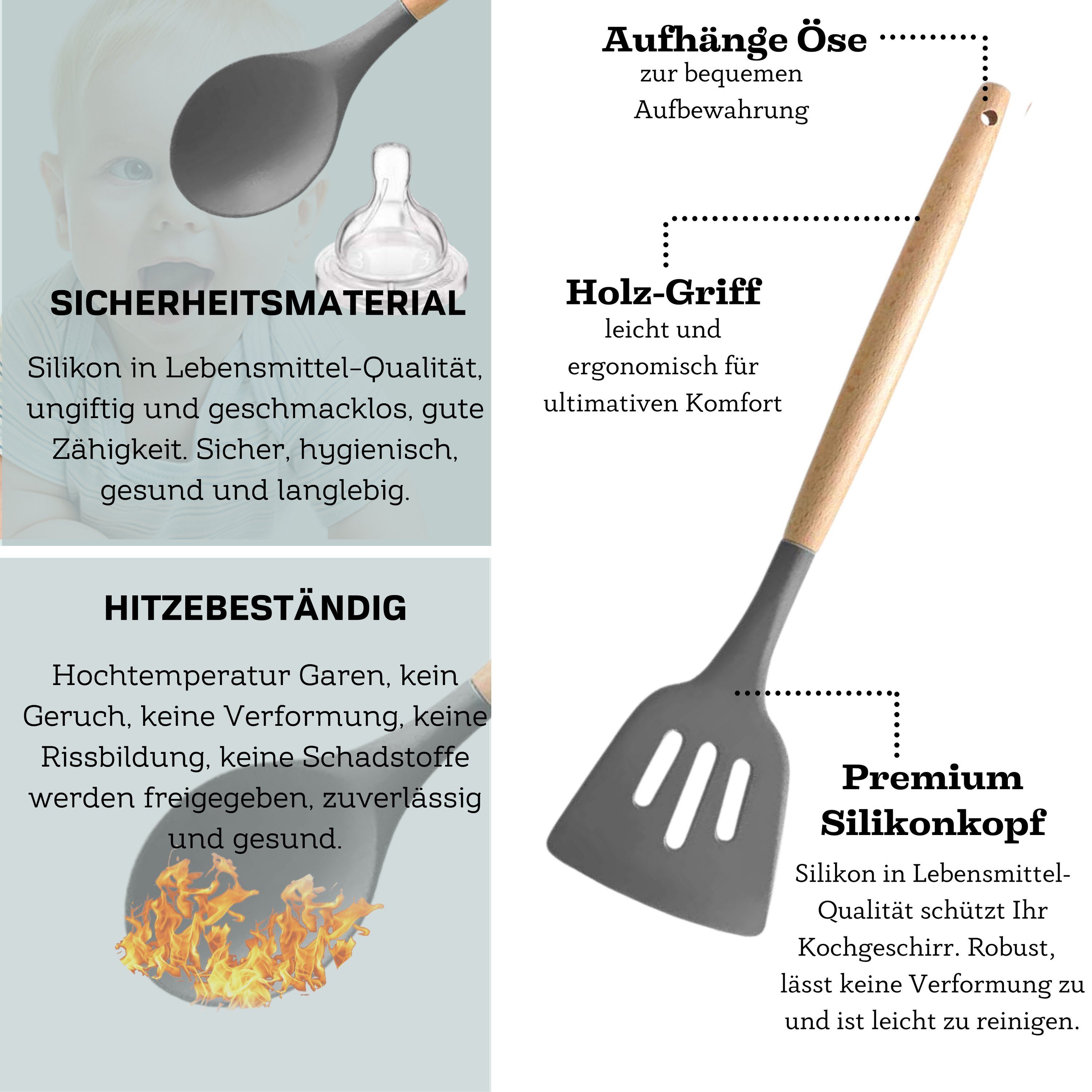 Faizee Möbel Kochbesteck-Set Küchenhelfer Set 12tlg Silikon Kochbesteck Holzgriff Küchenutensilien (12-tlg)