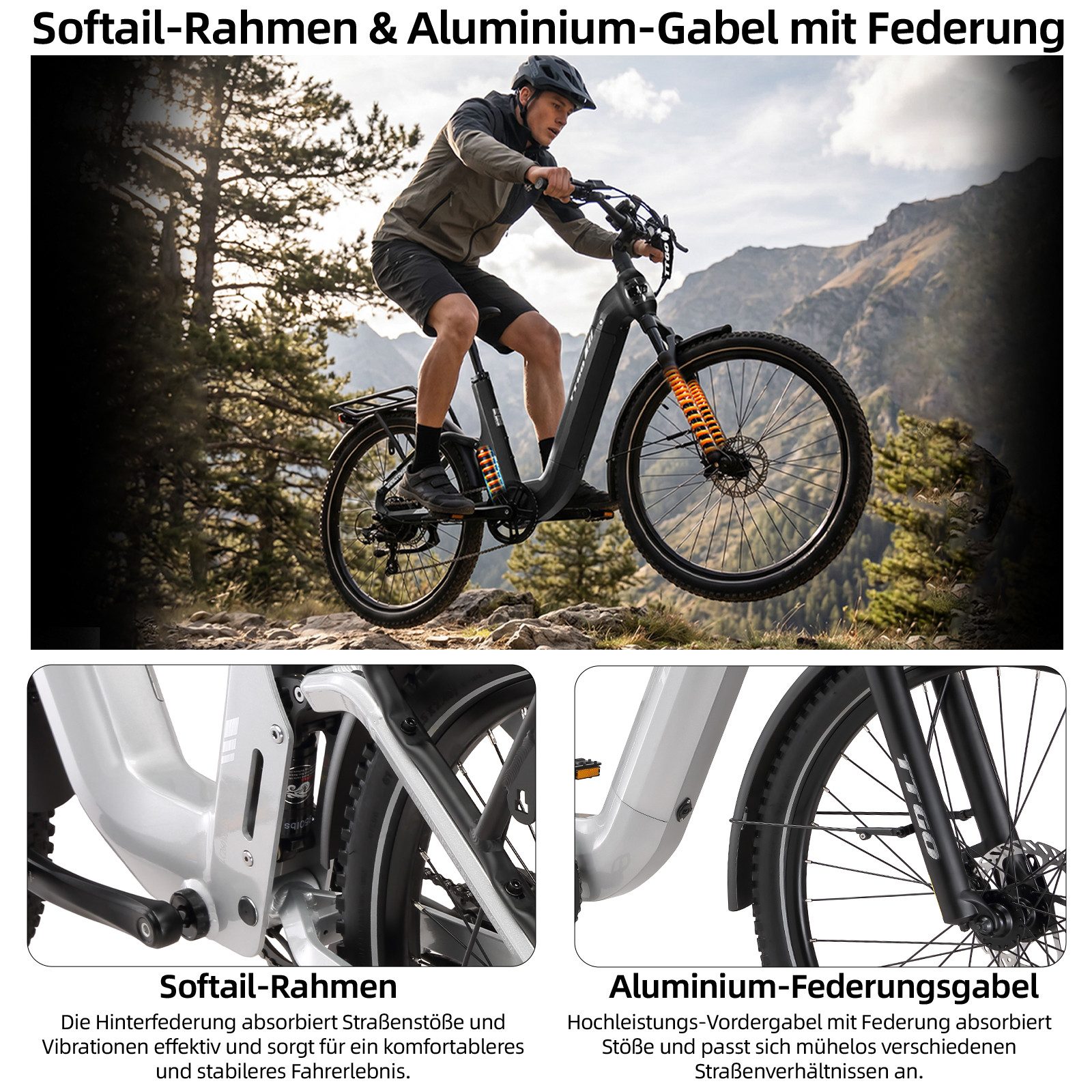TTGO E-Bike Cityrad 28 Zoll, Fully, Vollfederung, 120km, Drehmomentsensor, mit Bremslicht, 7 Gang Shimano, Kettenschaltung, Heckmotor, 720 Wh, (5 Stufen, Farb-L – Bild 3 von 5