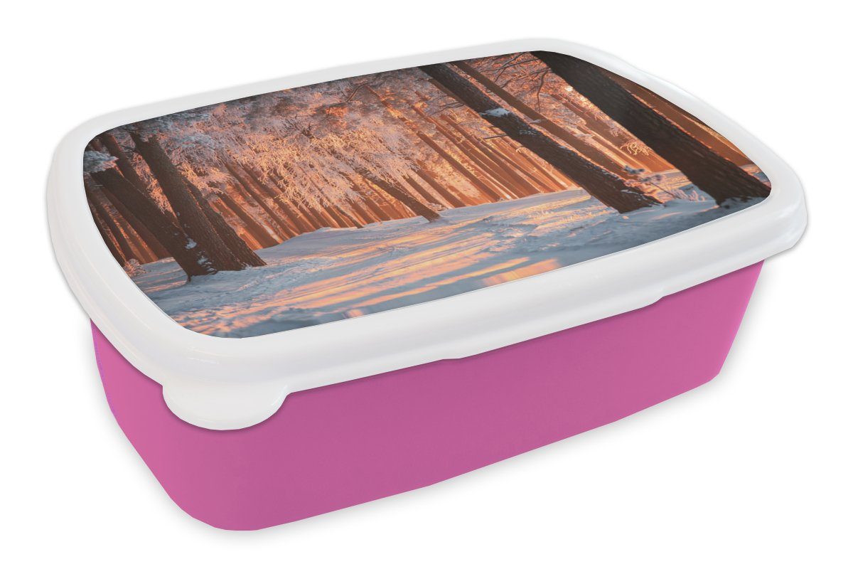 rosa Lunchbox - Wald MuchoWow Erwachsene, Kunststoff, für Mädchen, Baum, Brotbox (2-tlg), Winter Snackbox, - Brotdose Kunststoff Kinder,