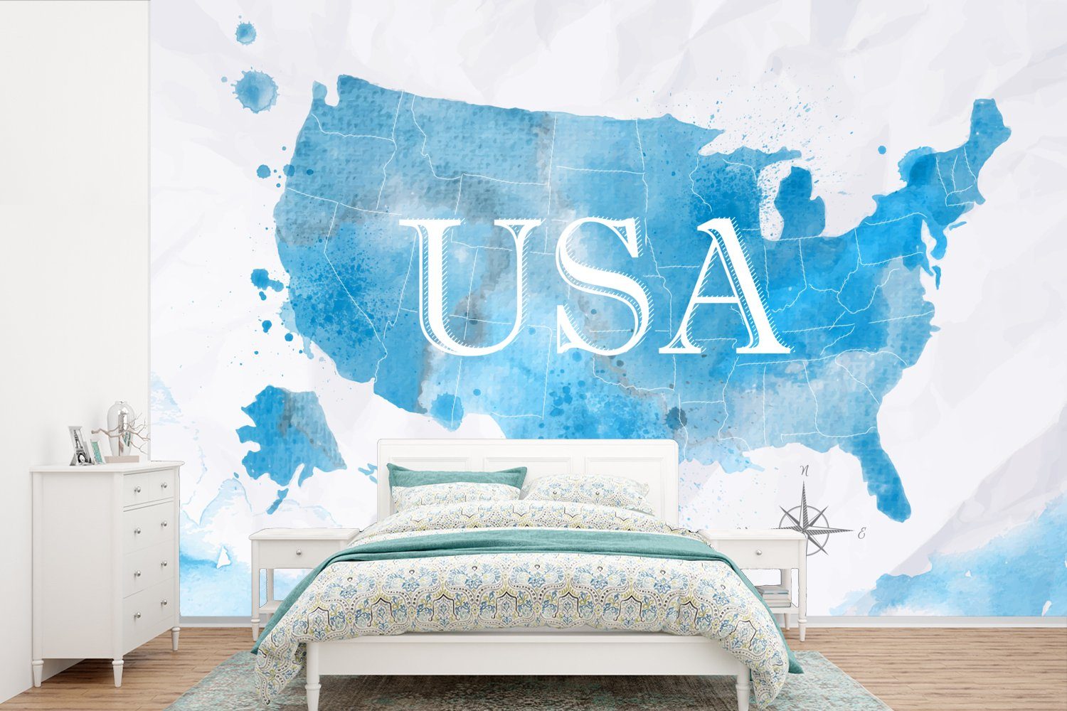 MuchoWow Fototapete Vereinigte Staaten - Weltkarte - Aquarell, Matt, bedruckt, (6 St), Wallpaper für Wohnzimmer, Schlafzimmer, Kinderzimmer, Vinyl Tapete